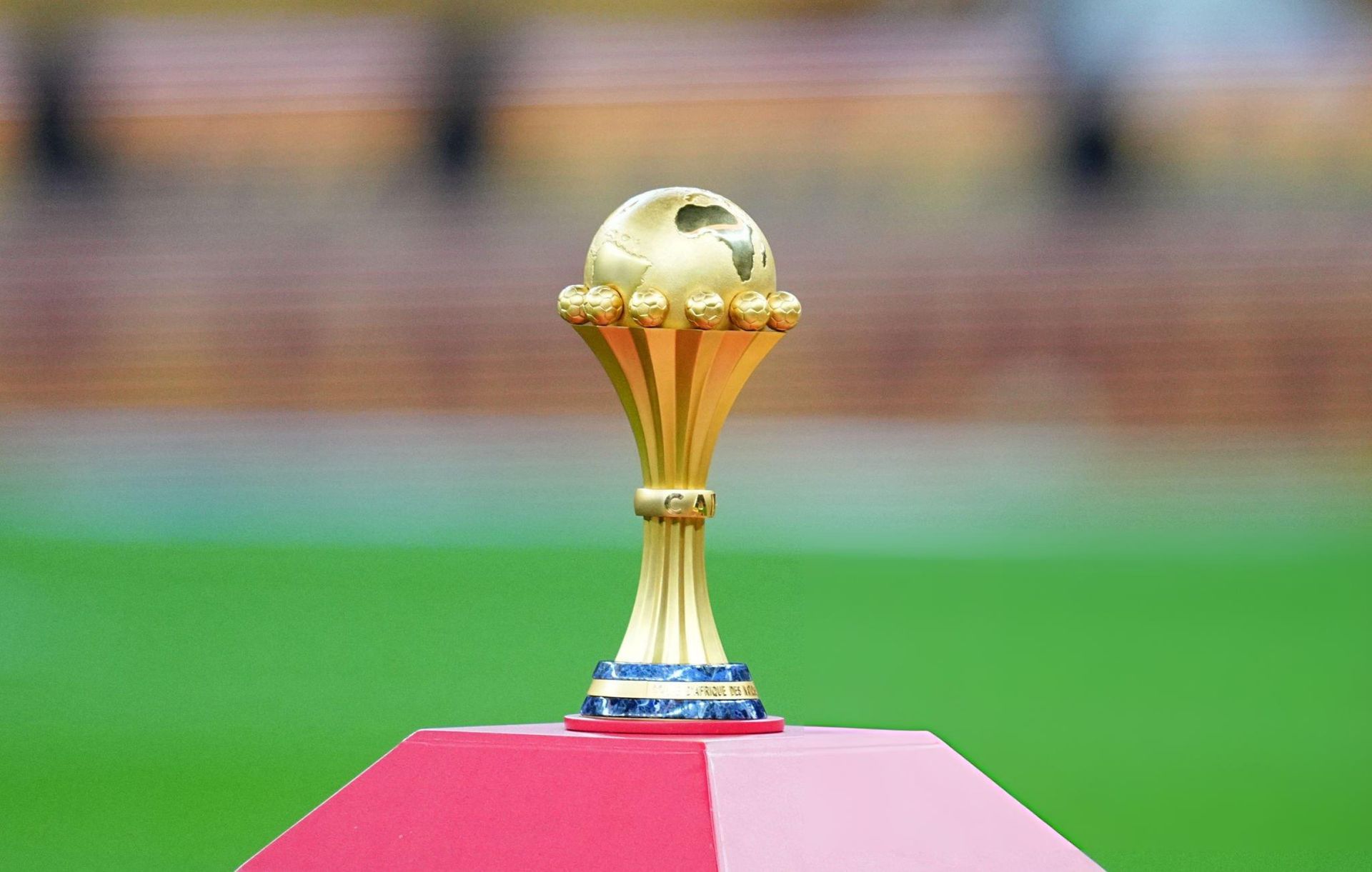 The Africa Cup of Nations trophy on display pitchside