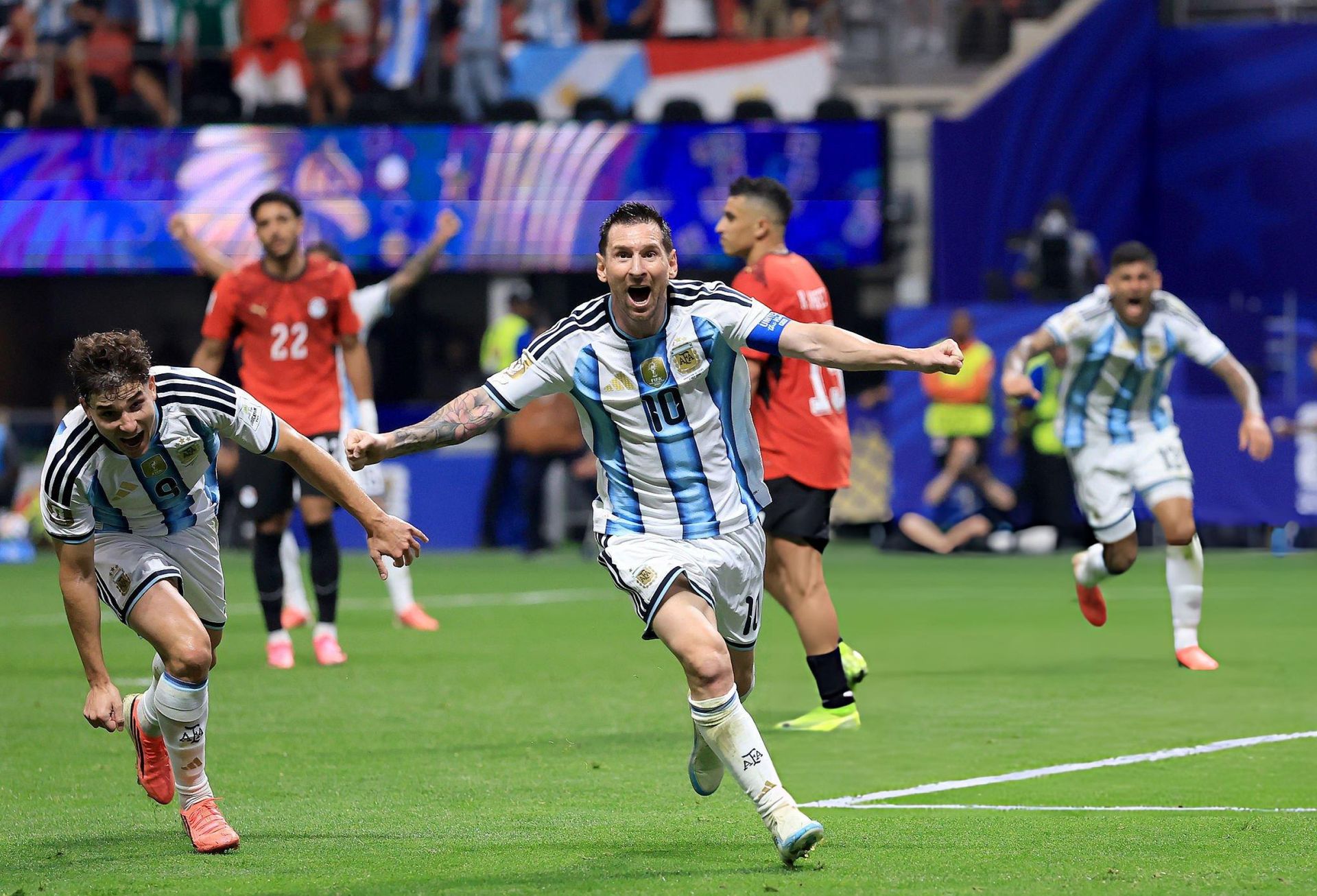 Argentina celebrate their comeback win over Egypt