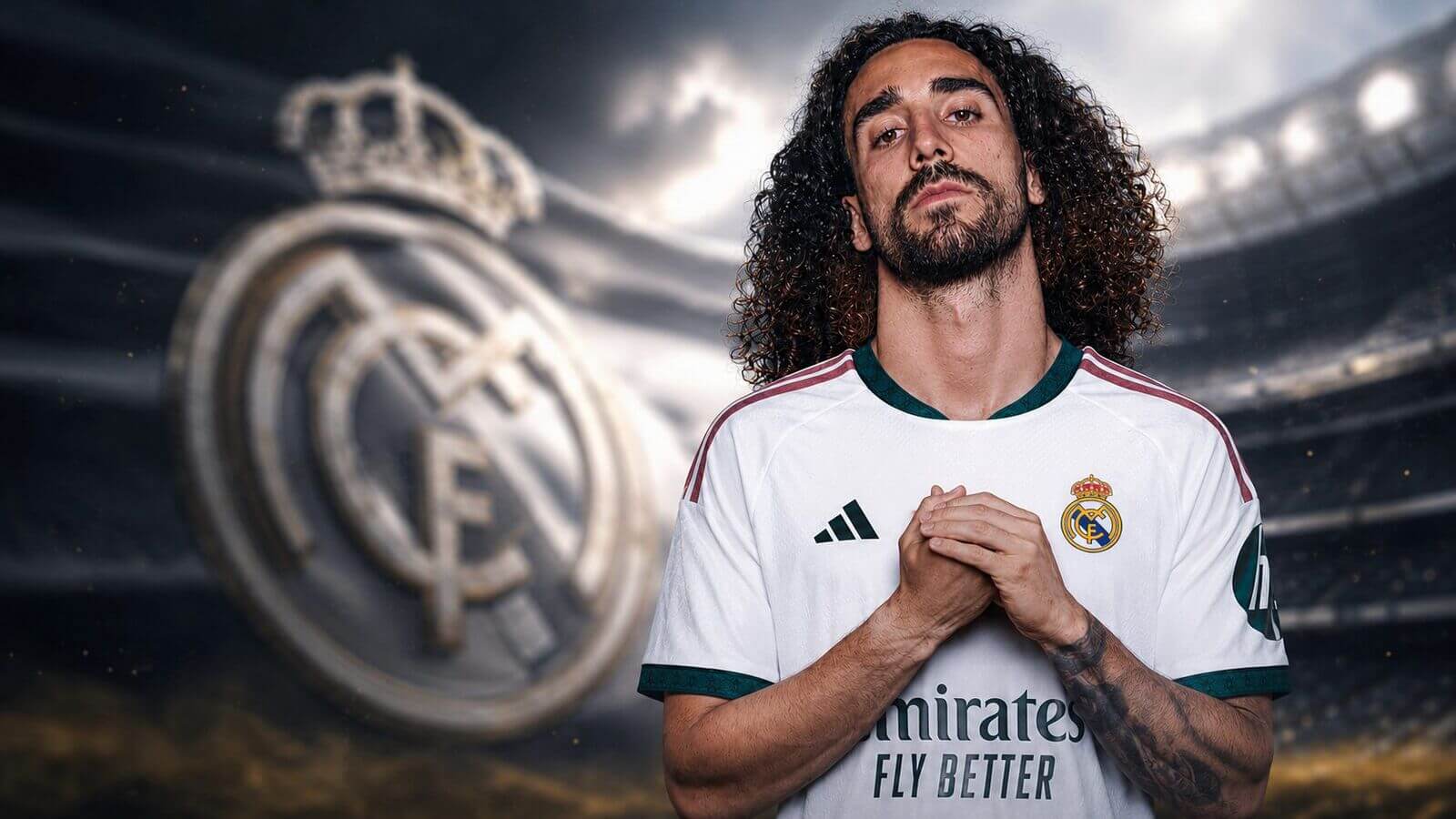 Marc Cucurella poses in a Real Madrid shirt in front of the club crest after completing his transfer from Chelsea