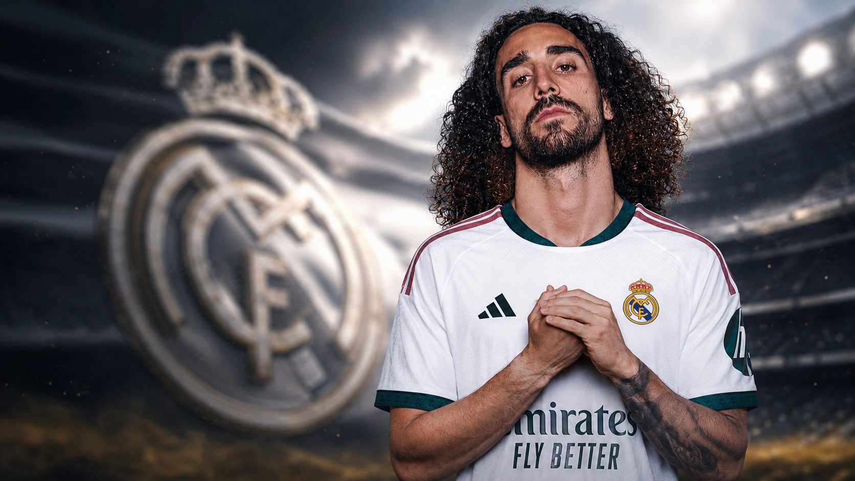Marc Cucurella poses in a Real Madrid shirt in front of the club crest after completing his transfer from Chelsea