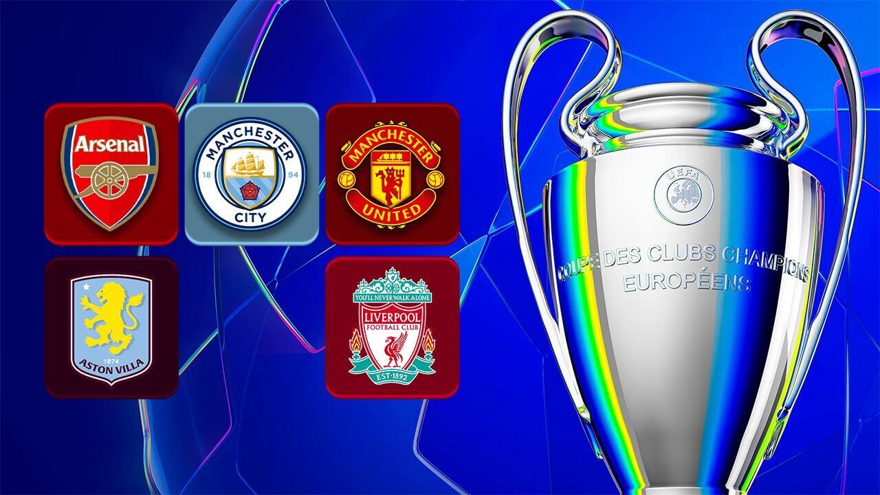 Arsenal, Manchester City, Manchester United, Aston Villa and Liverpool badges beside the Champions League trophy