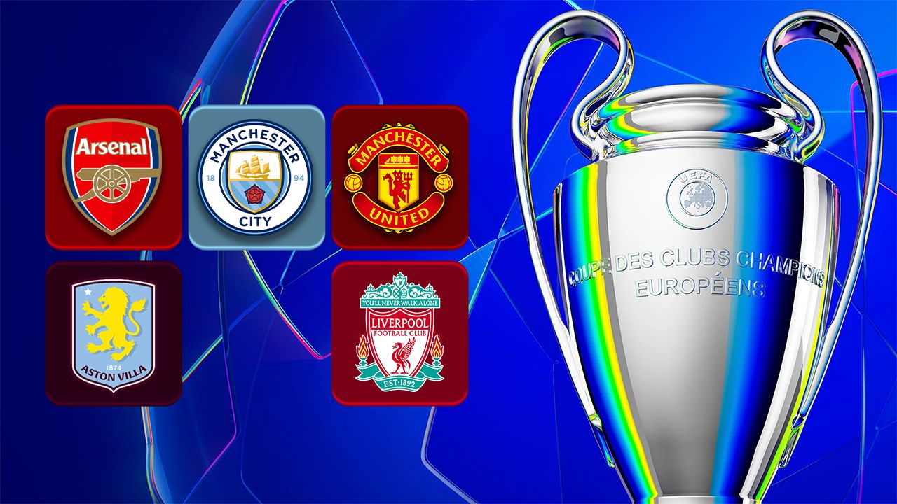 Arsenal, Manchester City, Manchester United, Aston Villa and Liverpool badges beside the Champions League trophy