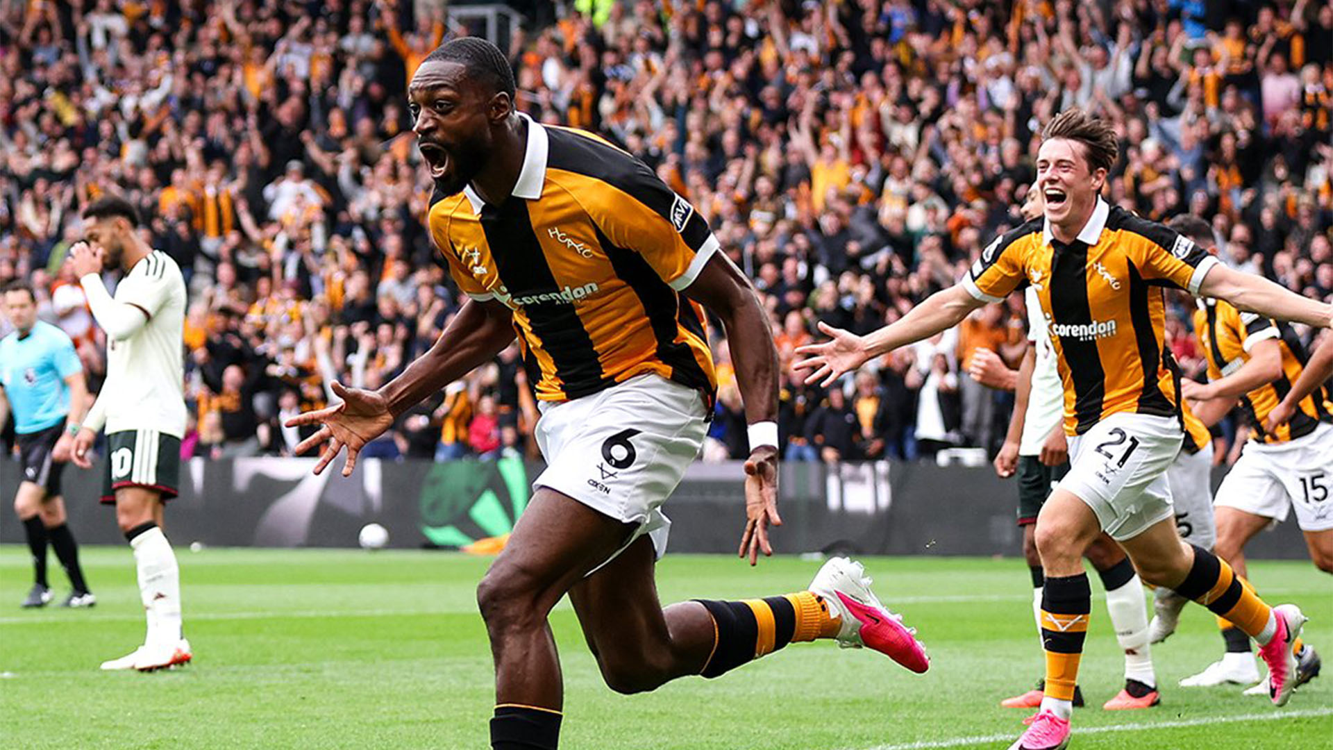 Hull City players celebrate during their 2-0 win over Manchester United at the MKM Stadium