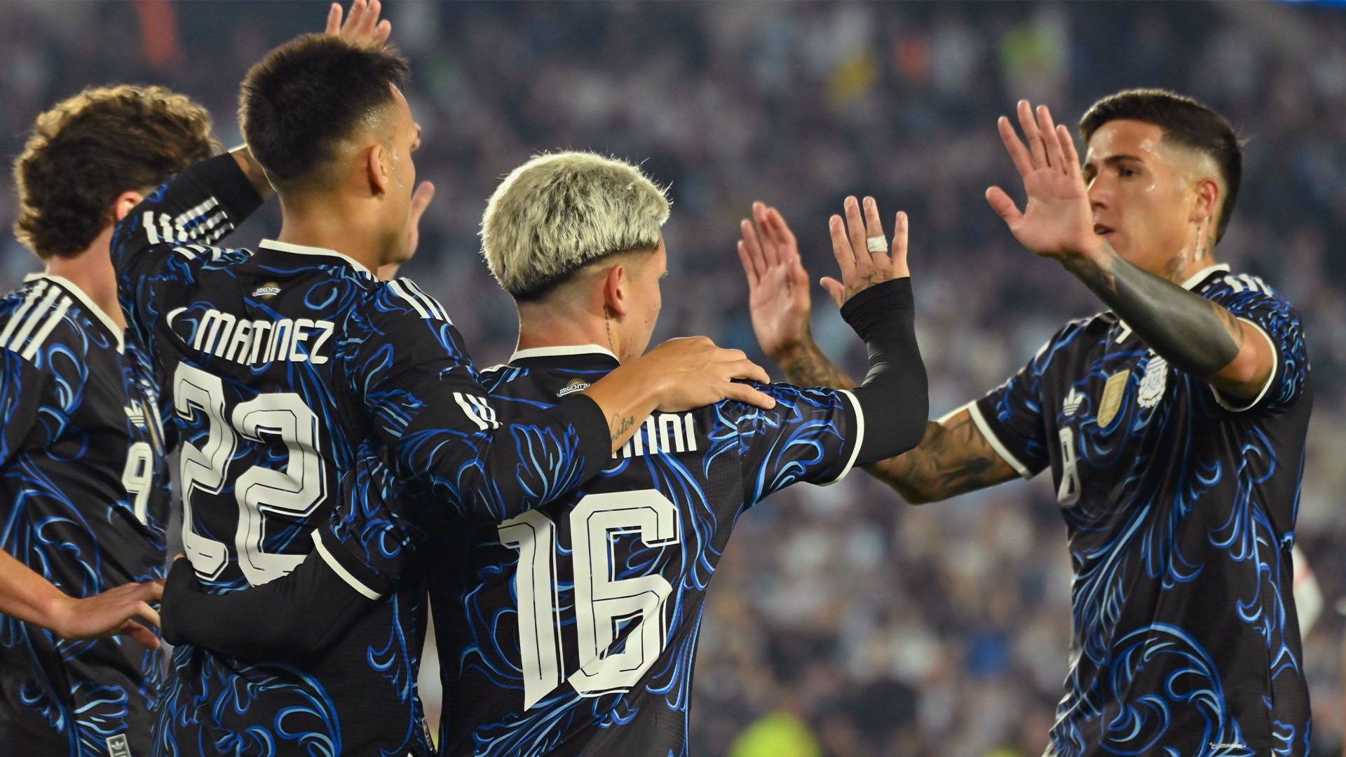 Argentina players celebrate a goal against Burkina Faso at the Monumental in Buenos Aires