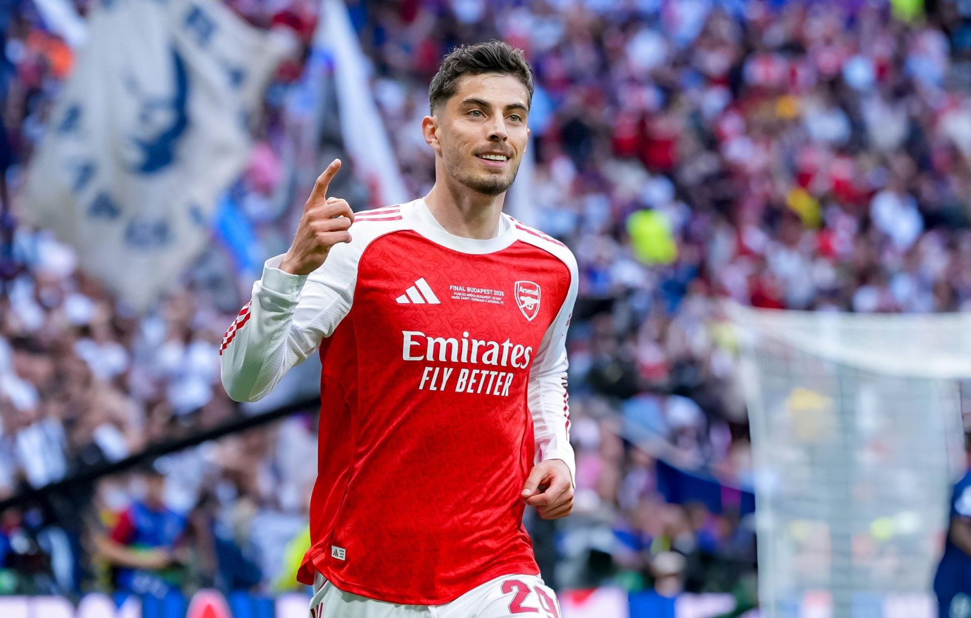 Kai Havertz celebrates after putting Arsenal ahead in the 2025-26 Champions League final