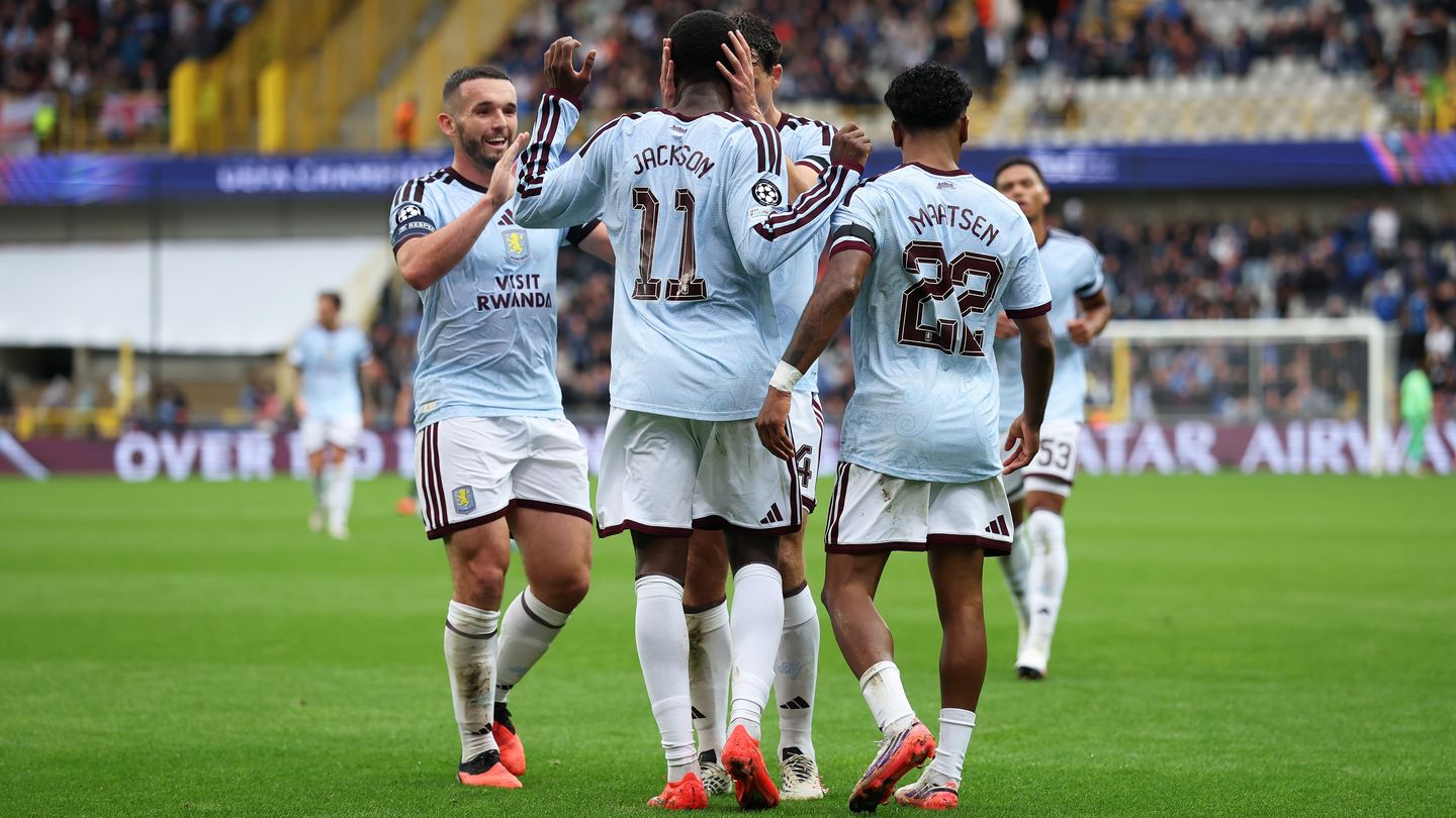 Aston Villa players celebrate during their Champions League win over Club Brugge