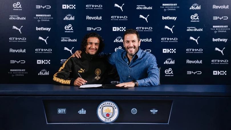 Ayyoub Bouaddi pictured after completing his move to Manchester City