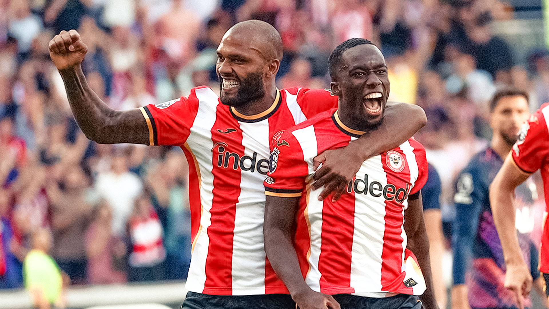 Brentford players celebrate during a 3-0 Premier League win over Tottenham Hotspur