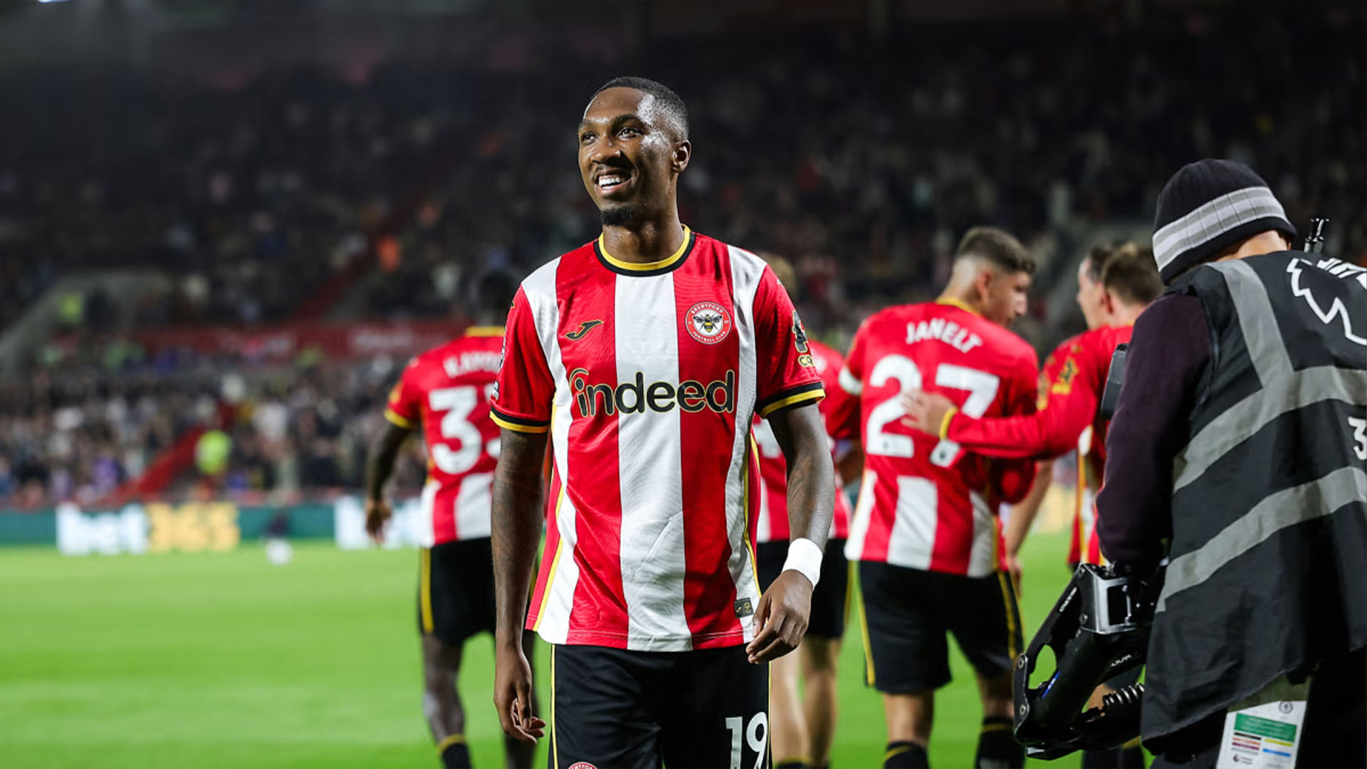 Brentford players celebrate during their 3-0 Premier League victory over Chelsea