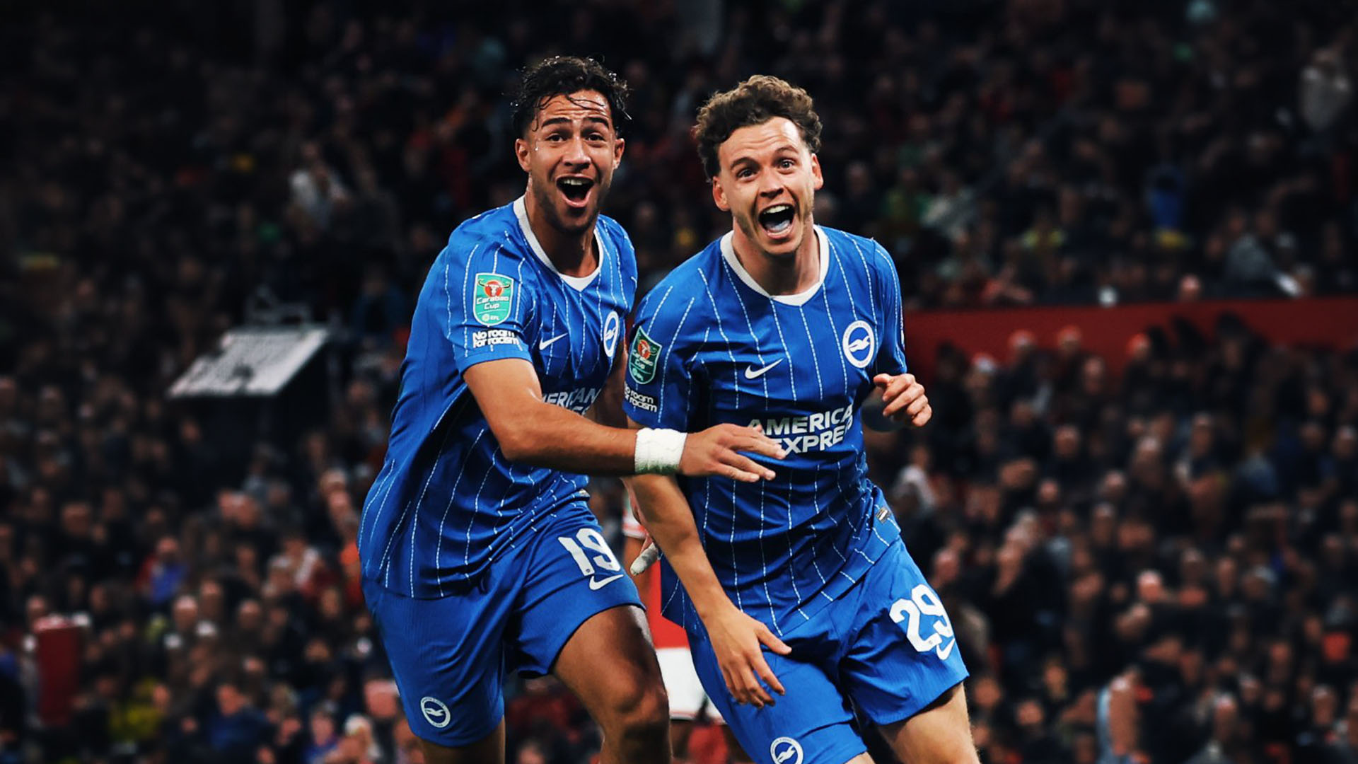 Brighton players celebrate after their Carabao Cup comeback win at Manchester United