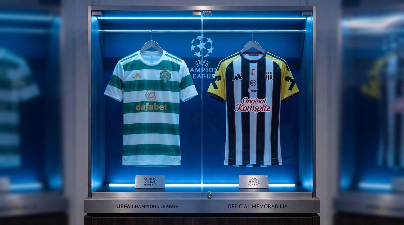 Celtic and LASK home jerseys displayed side by side in a UEFA Champions League official memorabilia display case