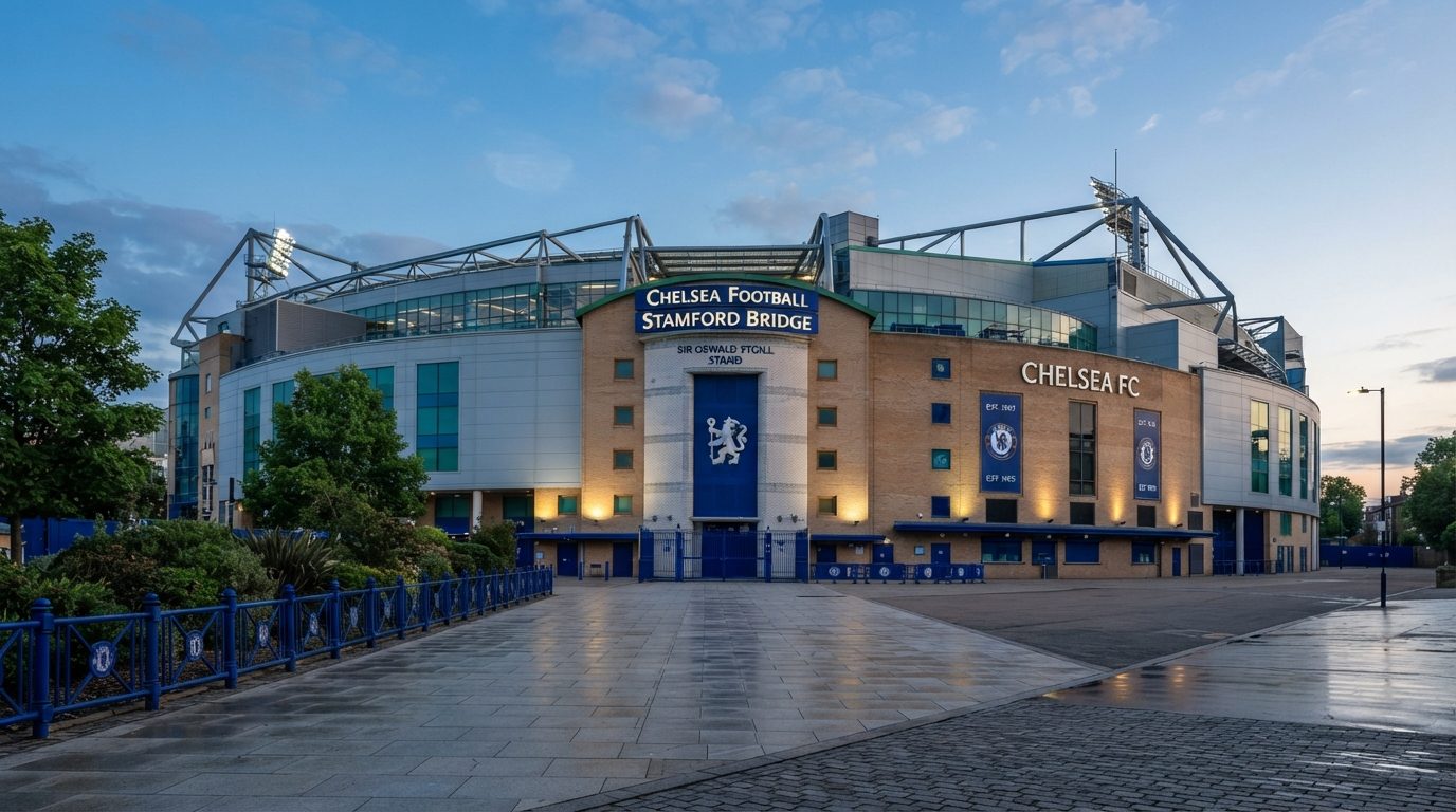 Stamford Bridge, home of Chelsea Football Club, pictured at dusk