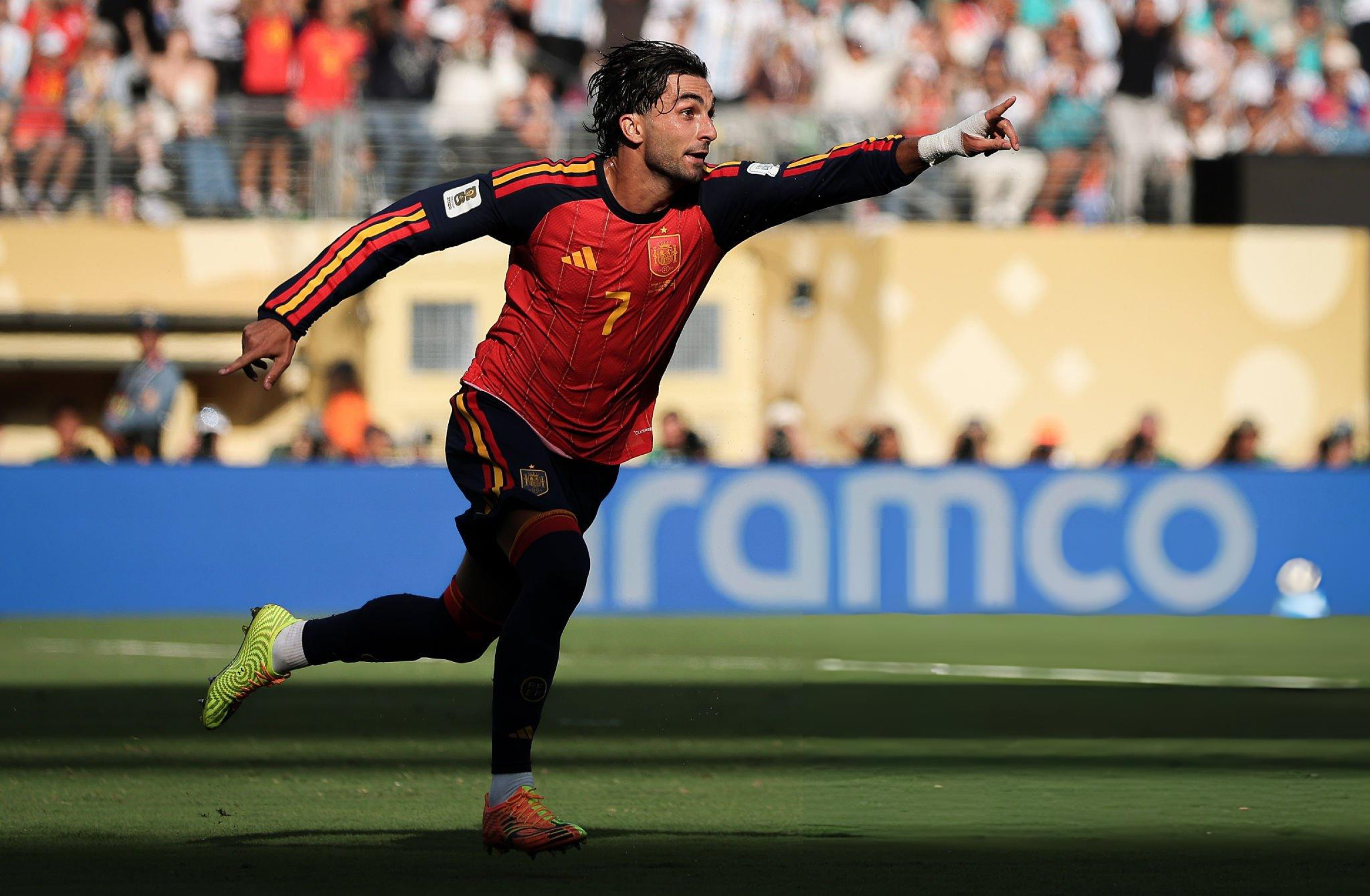 Ferran Torres celebrates after scoring for Spain at the World Cup