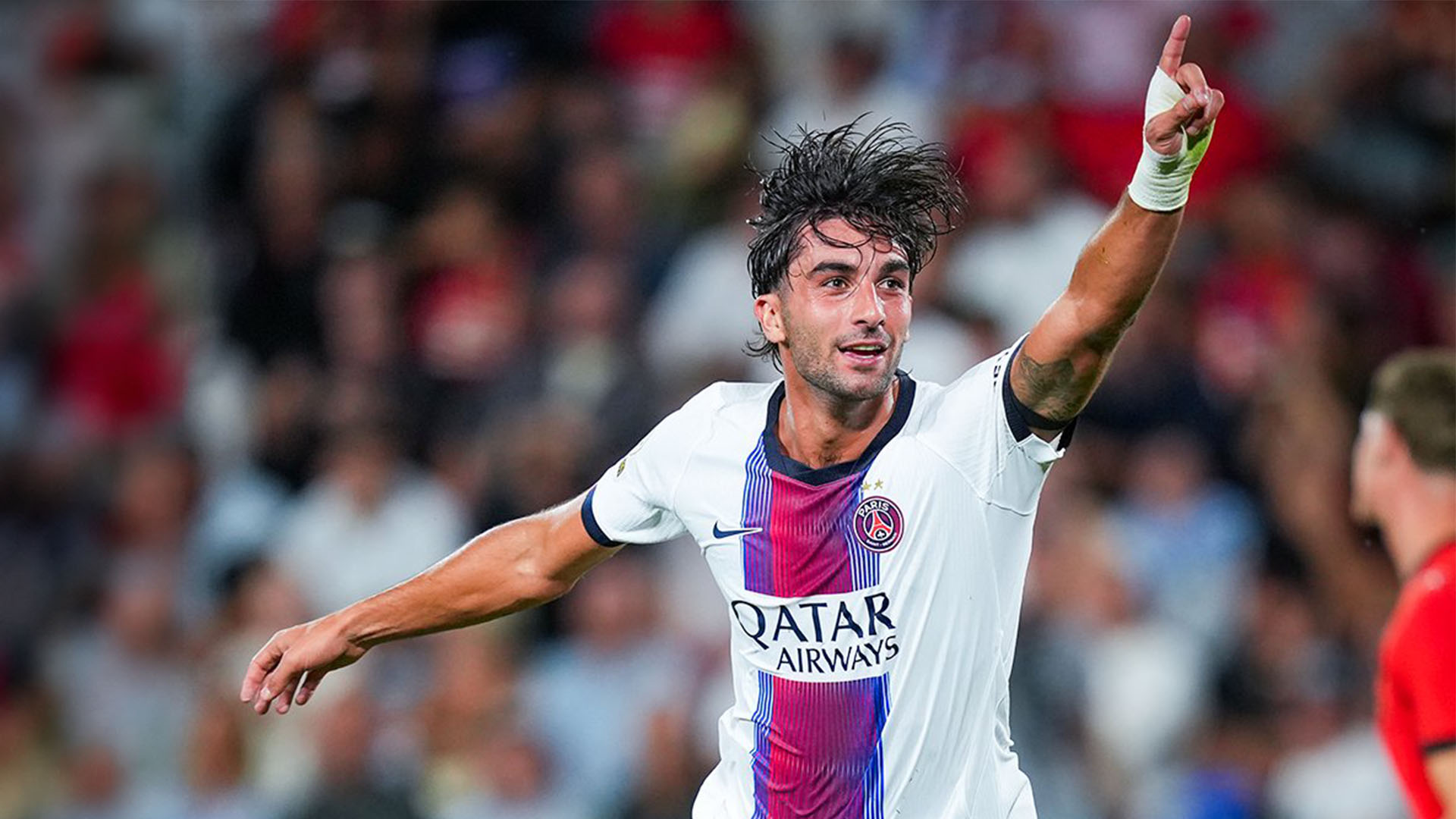 Ferran Torres celebrates after scoring for Paris Saint-Germain against Rennes