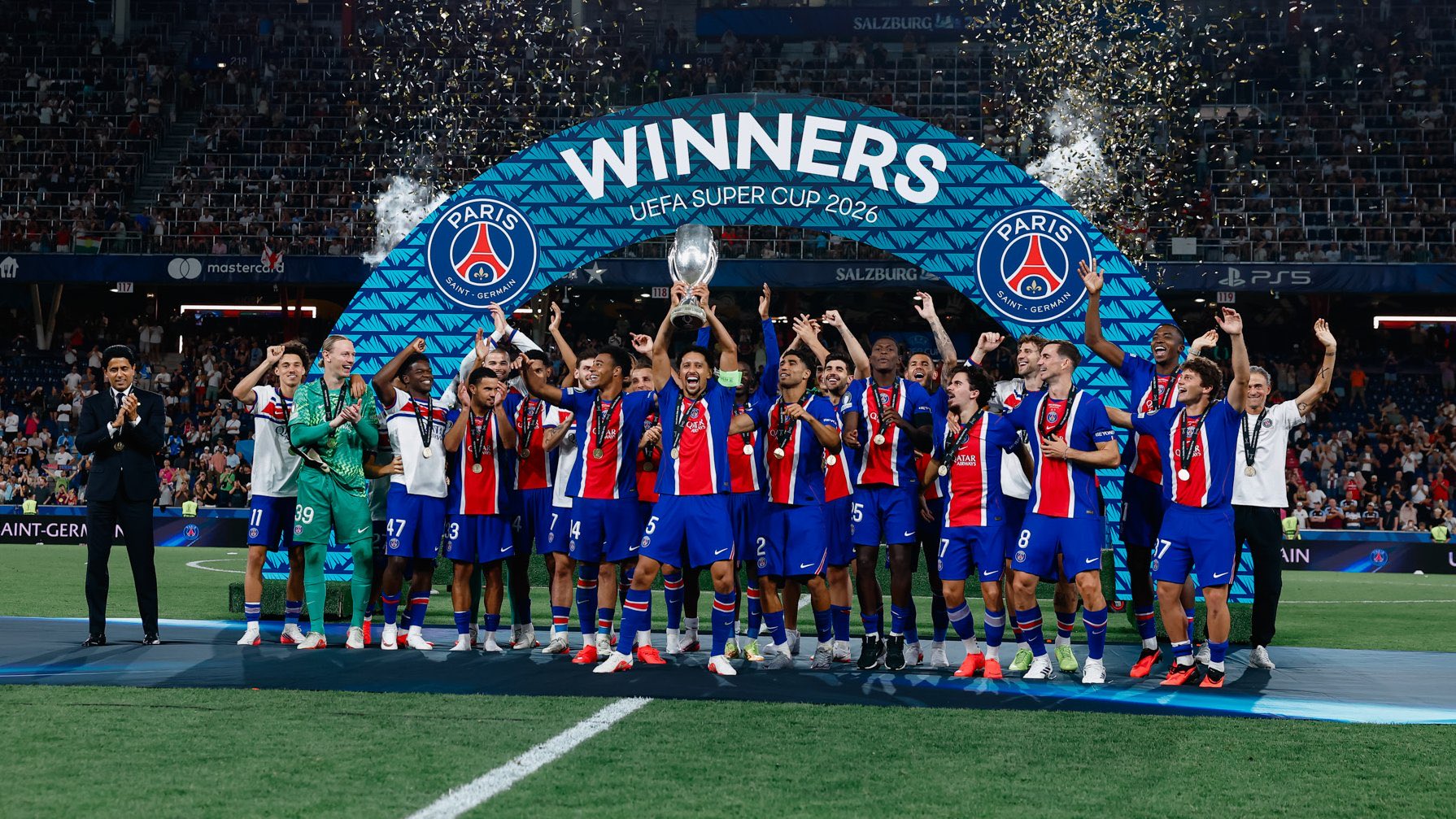 PSG players celebrate winning the 2026 UEFA Super Cup against Aston Villa
