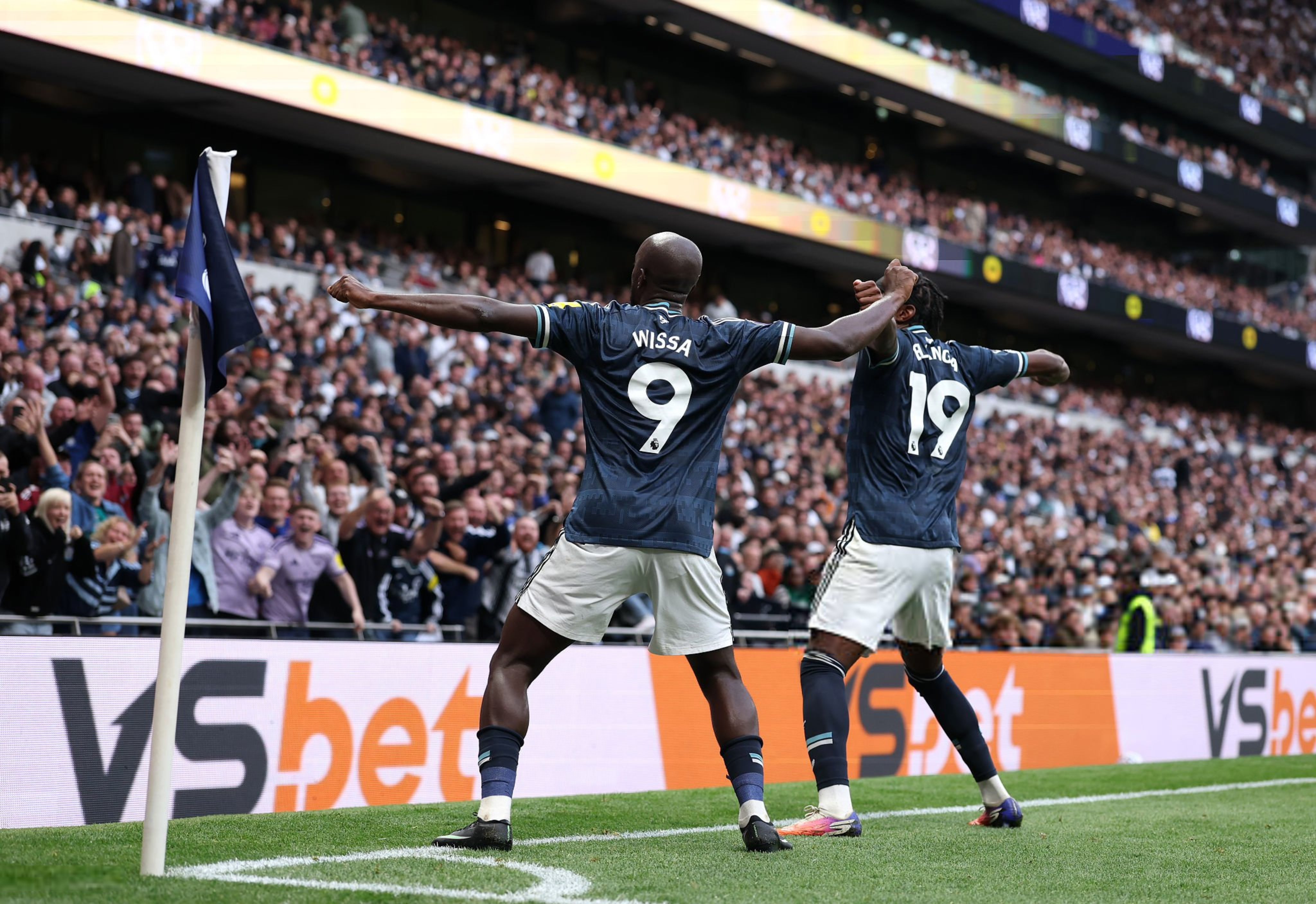 Anthony Elanga and Yoane Wissa celebrate Newcastle United’s win over Tottenham