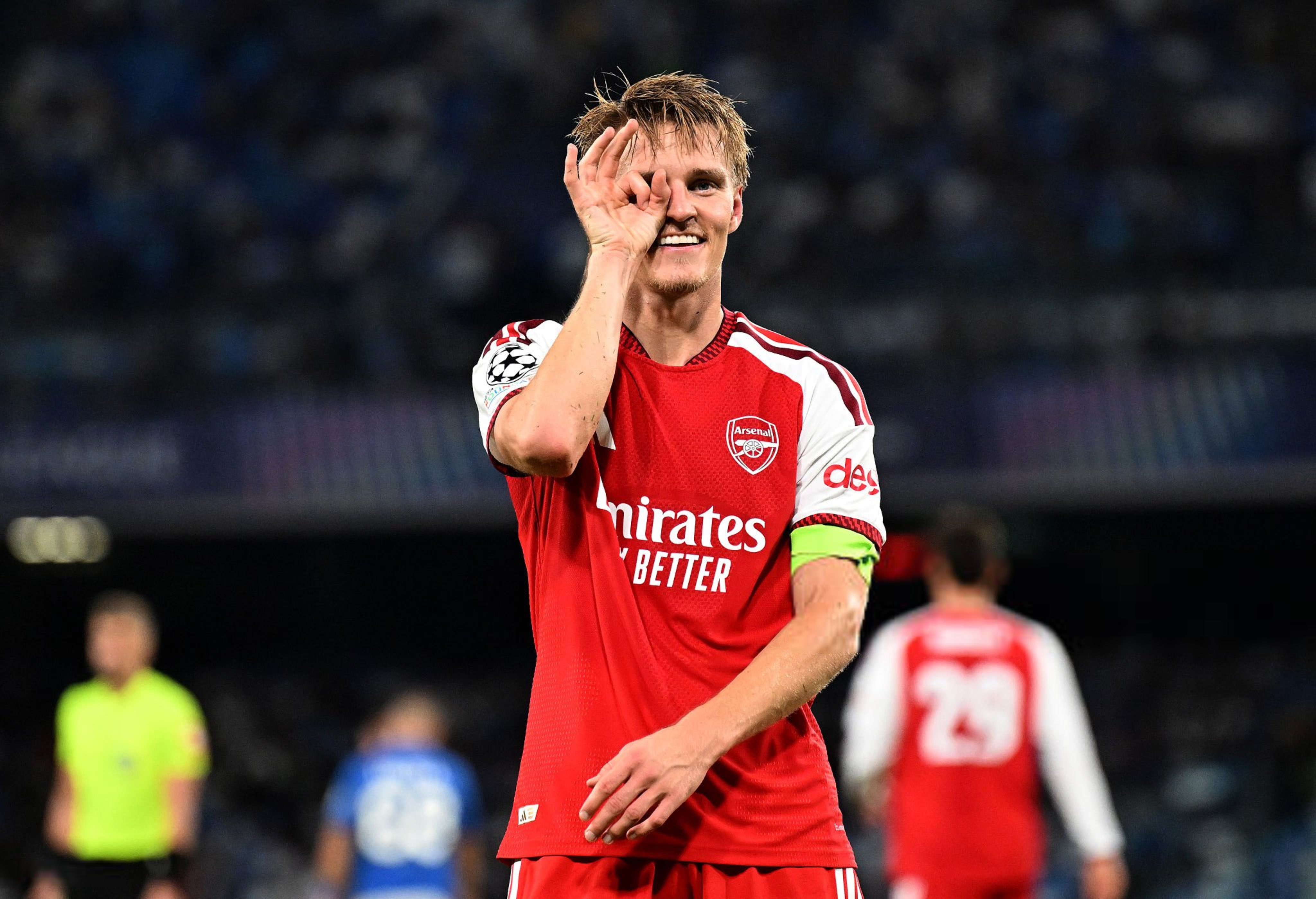 Martin Odegaard celebrates his winning goal for Arsenal against Napoli