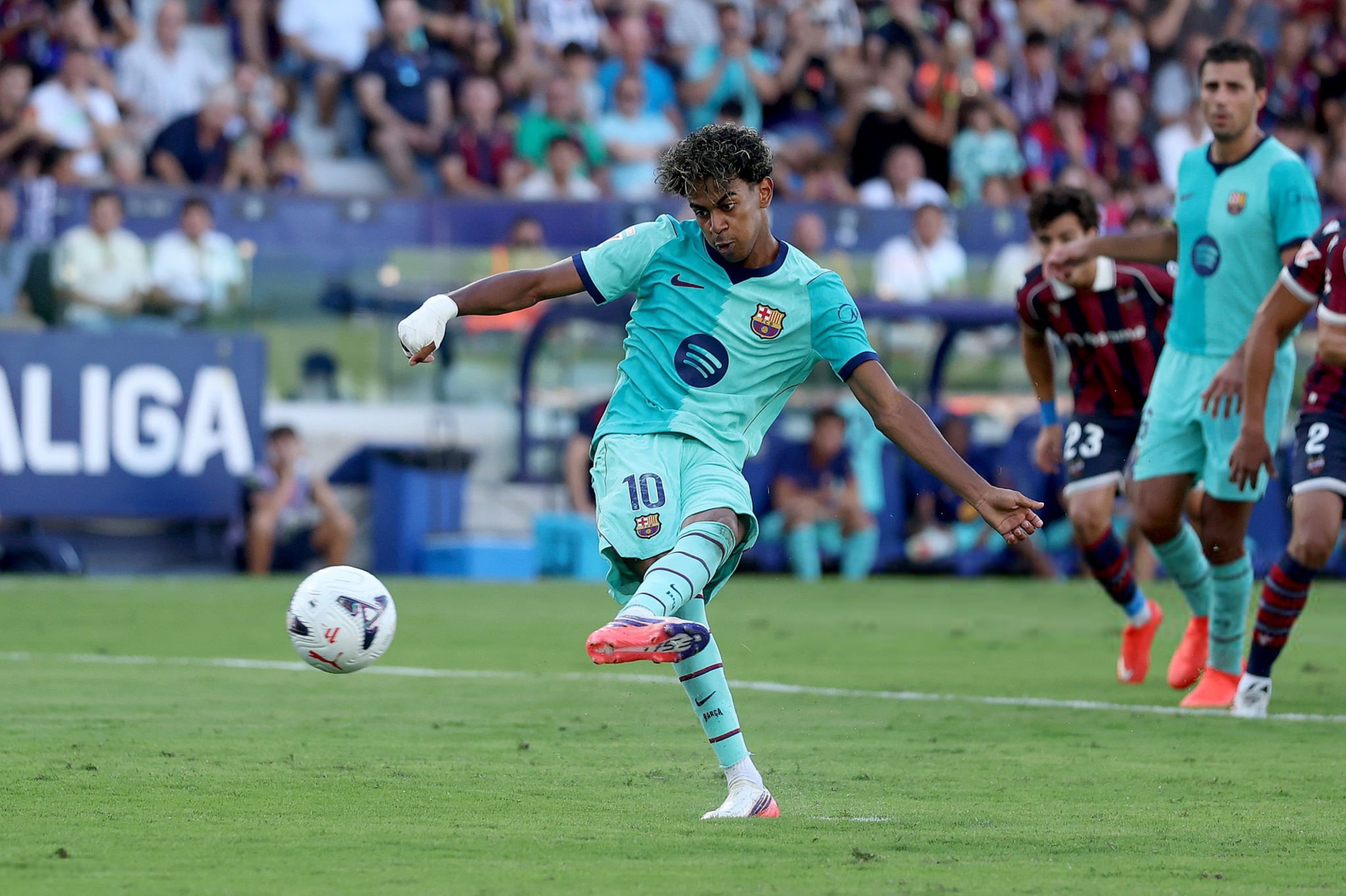 Lamine Yamal celebrates scoring for Barcelona against Levante