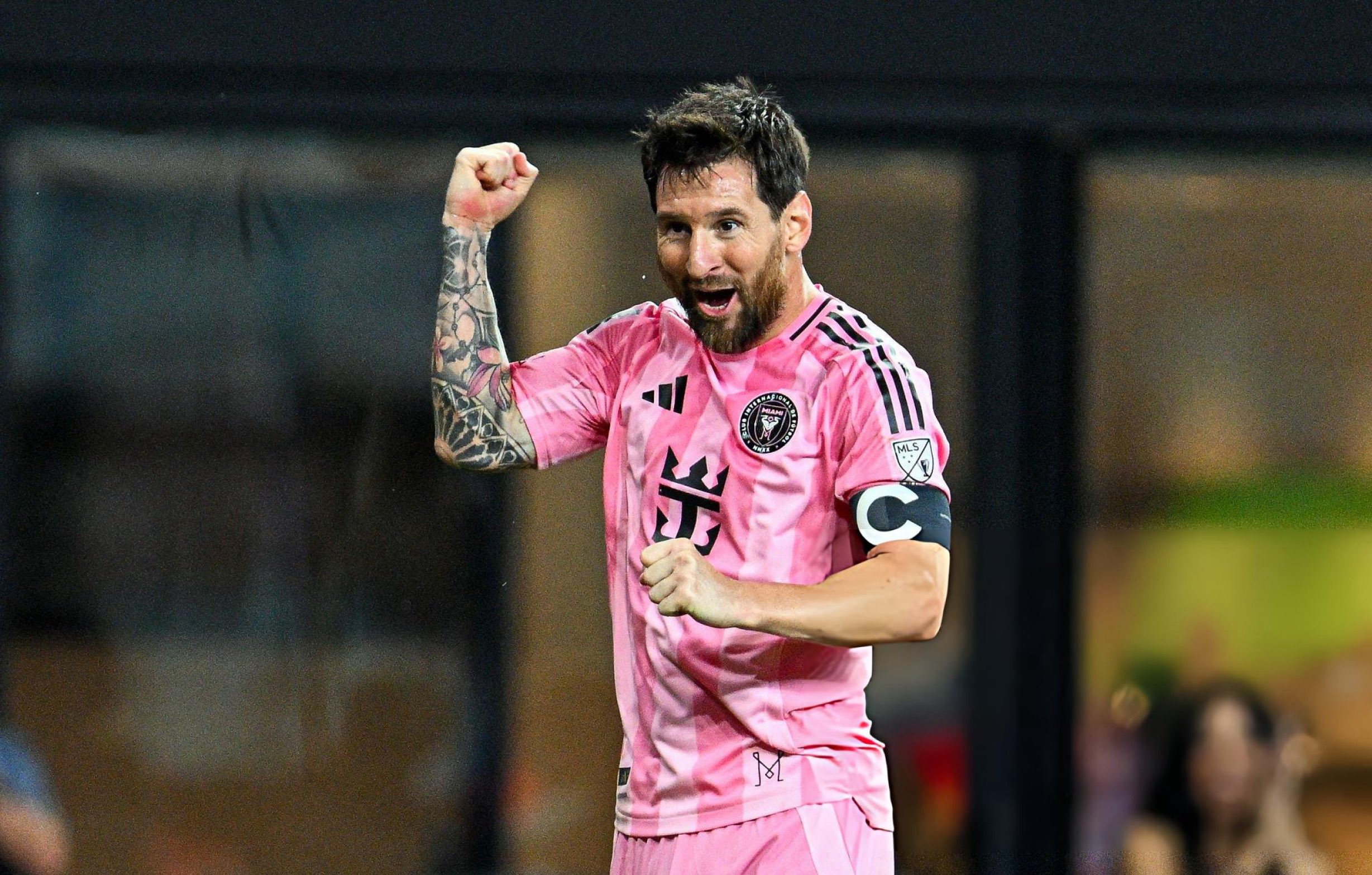 Lionel Messi celebrates after scoring a free kick for Inter Miami against San Diego FC