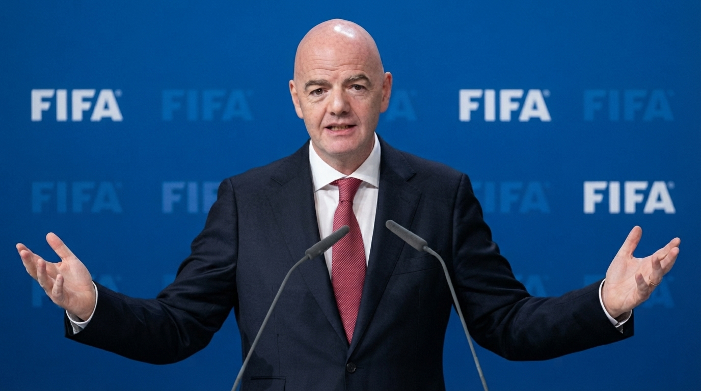 Gianni Infantino gestures with open arms while speaking at a podium in front of a FIFA-branded backdrop