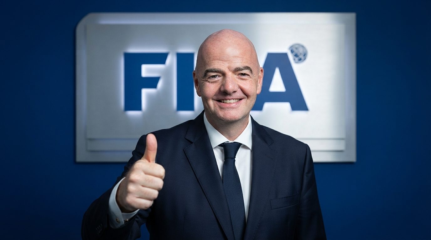 Gianni Infantino gives a thumbs up in front of the FIFA logo