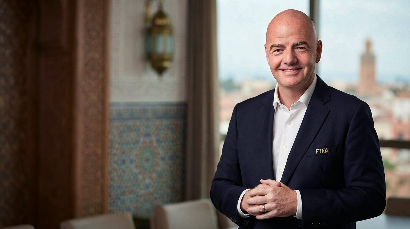 Gianni Infantino smiling in a suit with a Moroccan-tiled interior and Rabat skyline visible behind him
