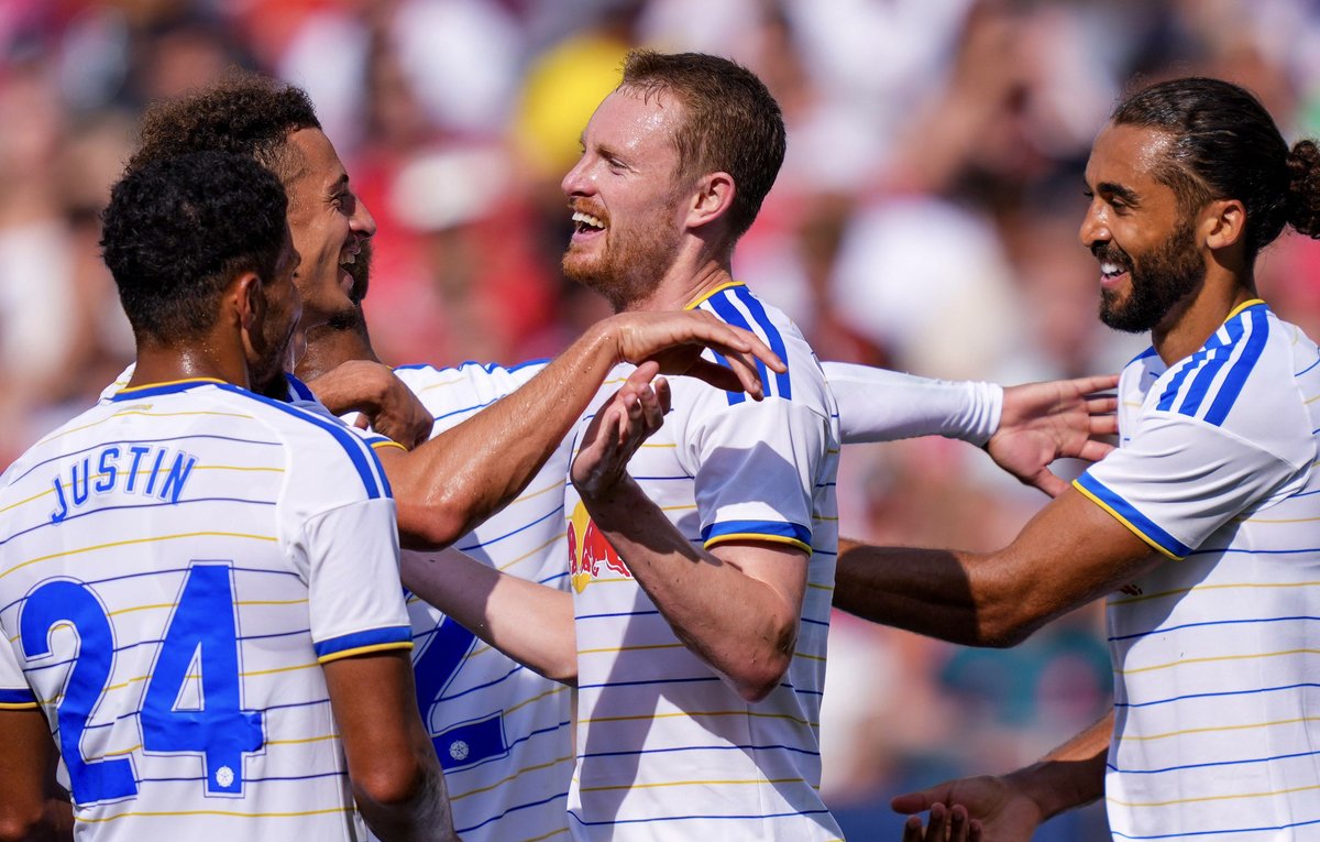 Leeds United players celebrate during their pre-season friendly win over Liverpool at Soldier Field, Chicago