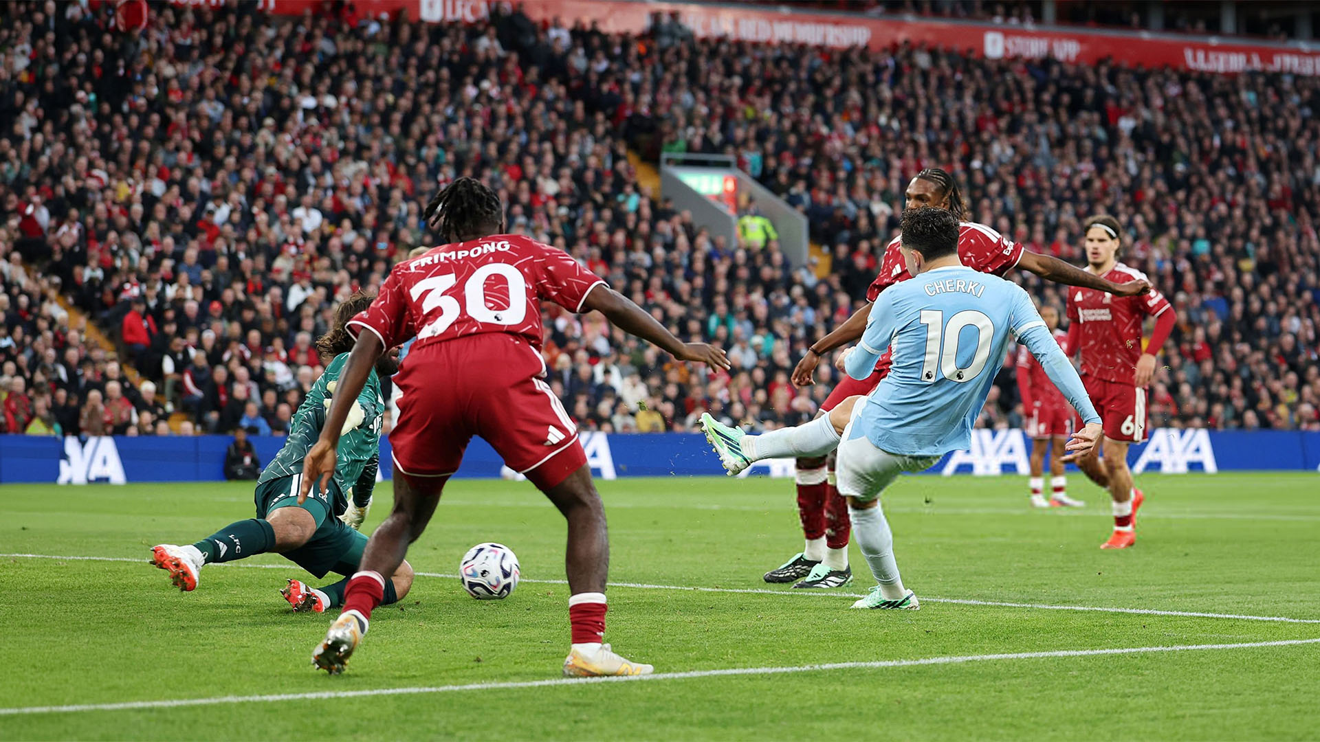 Manchester City players celebrate at Anfield during their 3-0 win over Liverpool on 11 October 2026