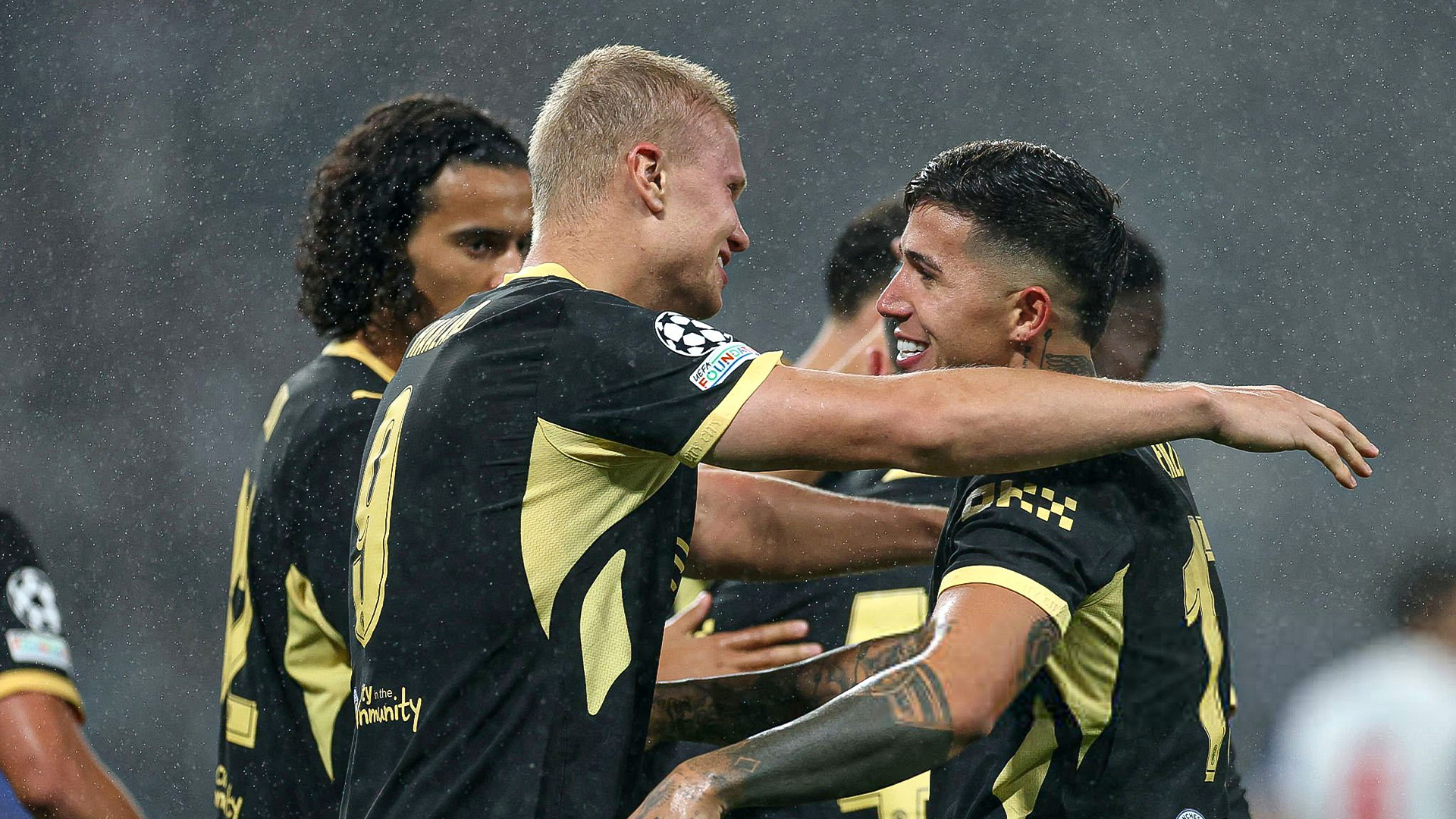 Erling Haaland celebrates after scoring for Manchester City against Porto