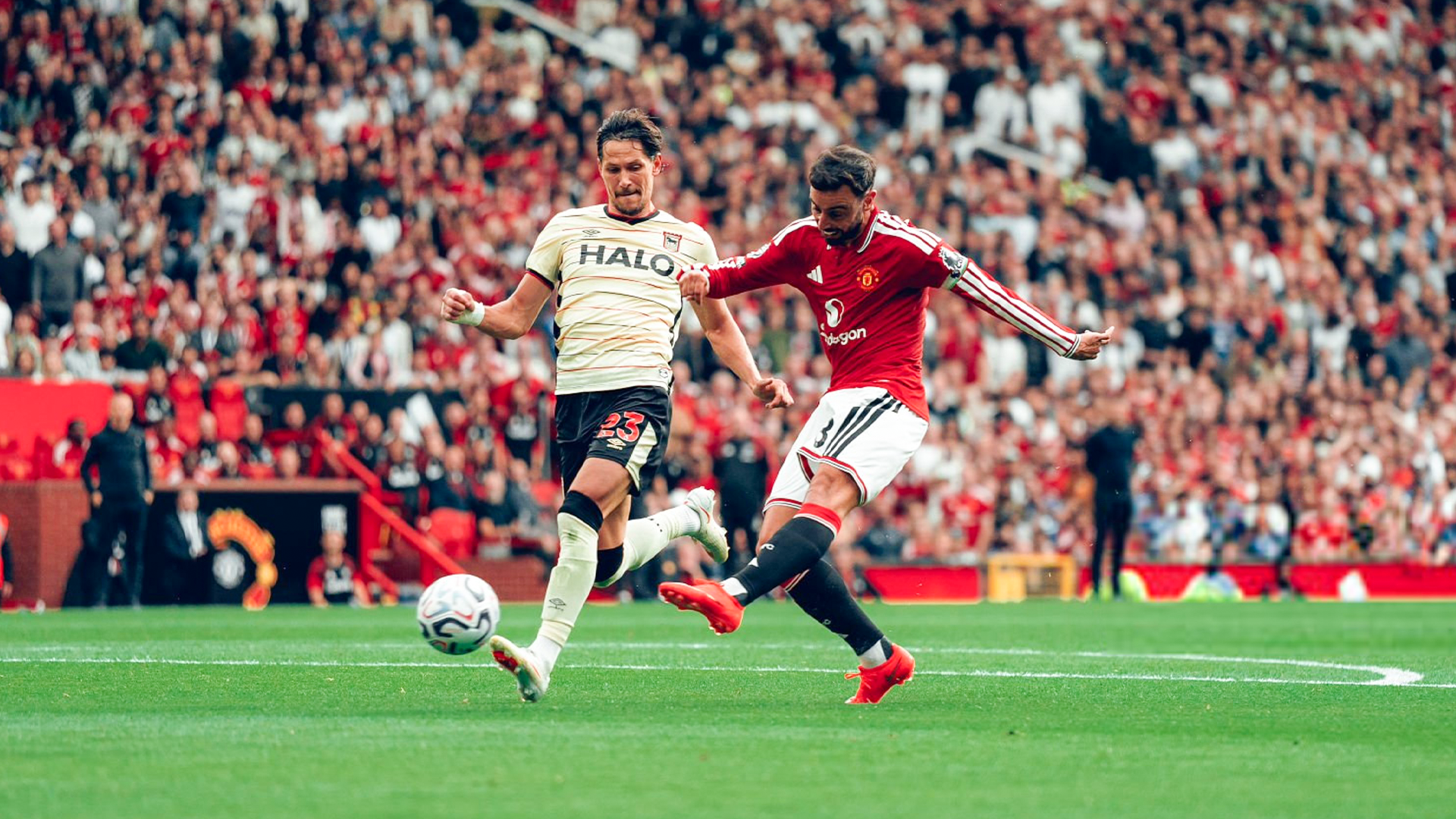 Bruno Fernandes celebrates his hat-trick for Manchester United against Ipswich Town