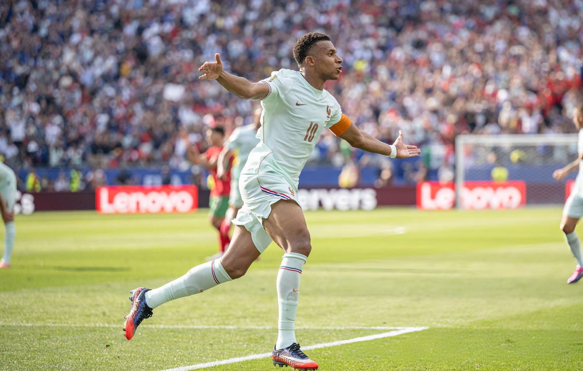 Kylian Mbappé celebrates his second-half goal for France against Morocco in the 2026 World Cup quarterfinal