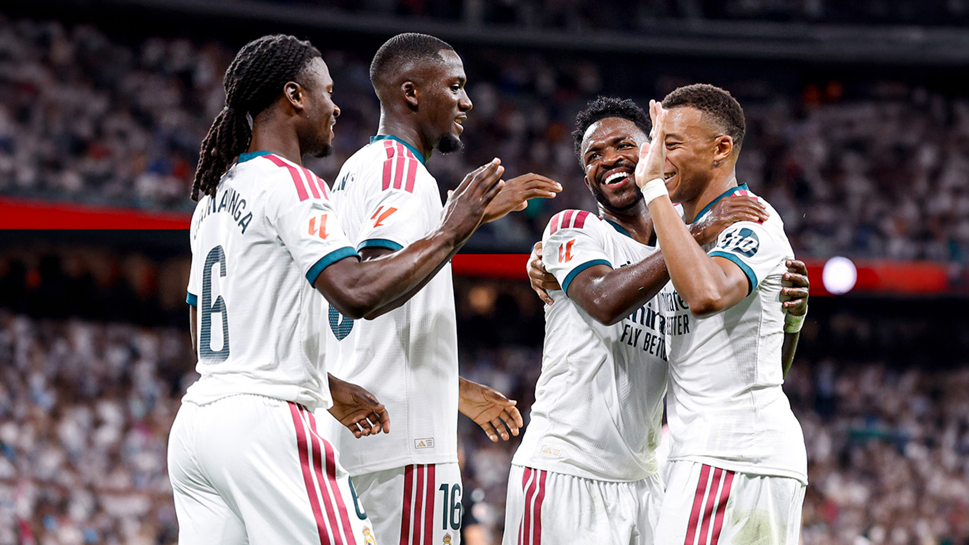 Kylian Mbappé celebrates after completing his hat-trick against Real Sociedad