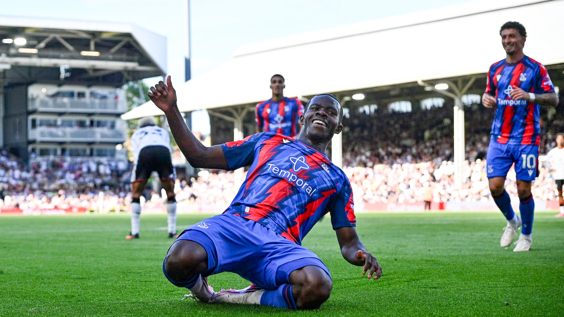 Crystal Palace players celebrating Ben Chilwell’s winner at Fulham