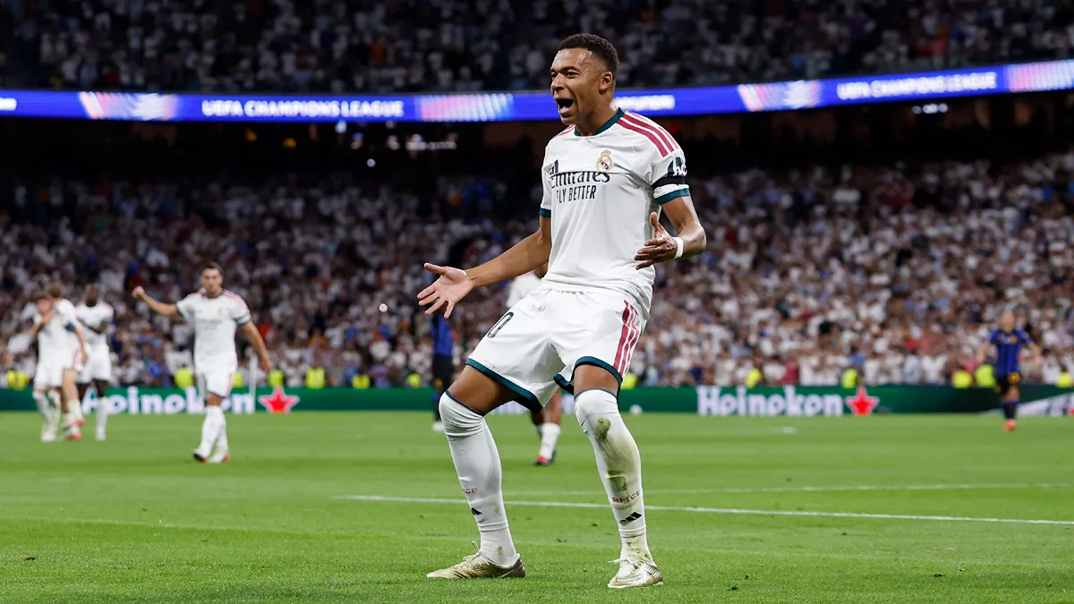 Kylian Mbappe and Federico Valverde celebrate for Real Madrid against Inter Milan