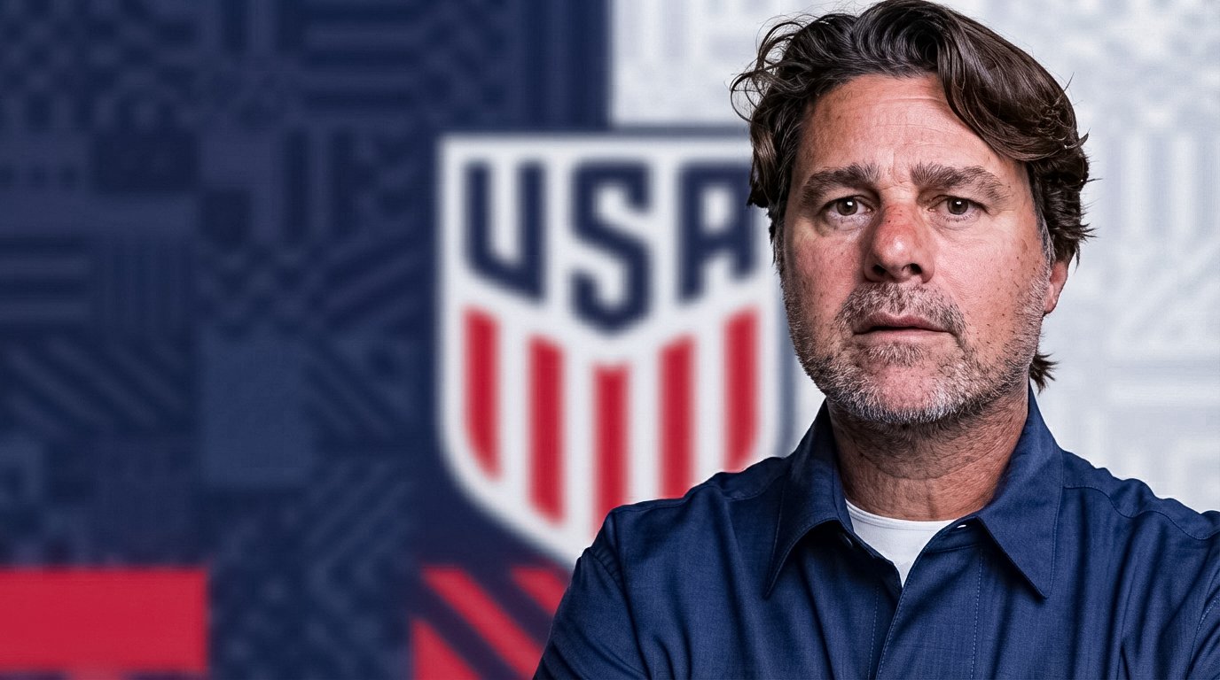 Mauricio Pochettino stands in front of a USA crest backdrop after signing his new USMNT contract