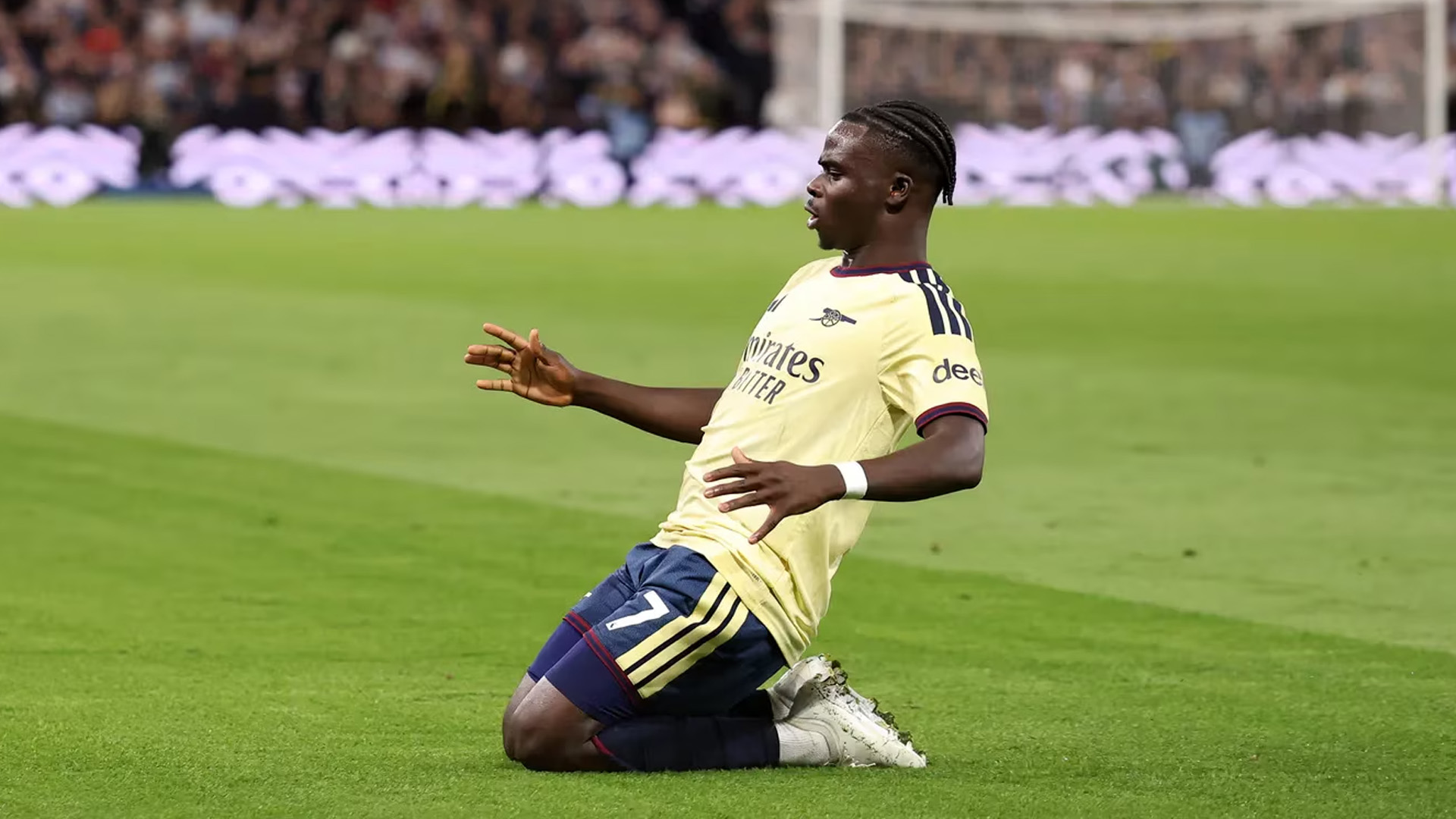 Bukayo Saka celebrates Arsenal’s goal against Aston Villa at Villa Park
