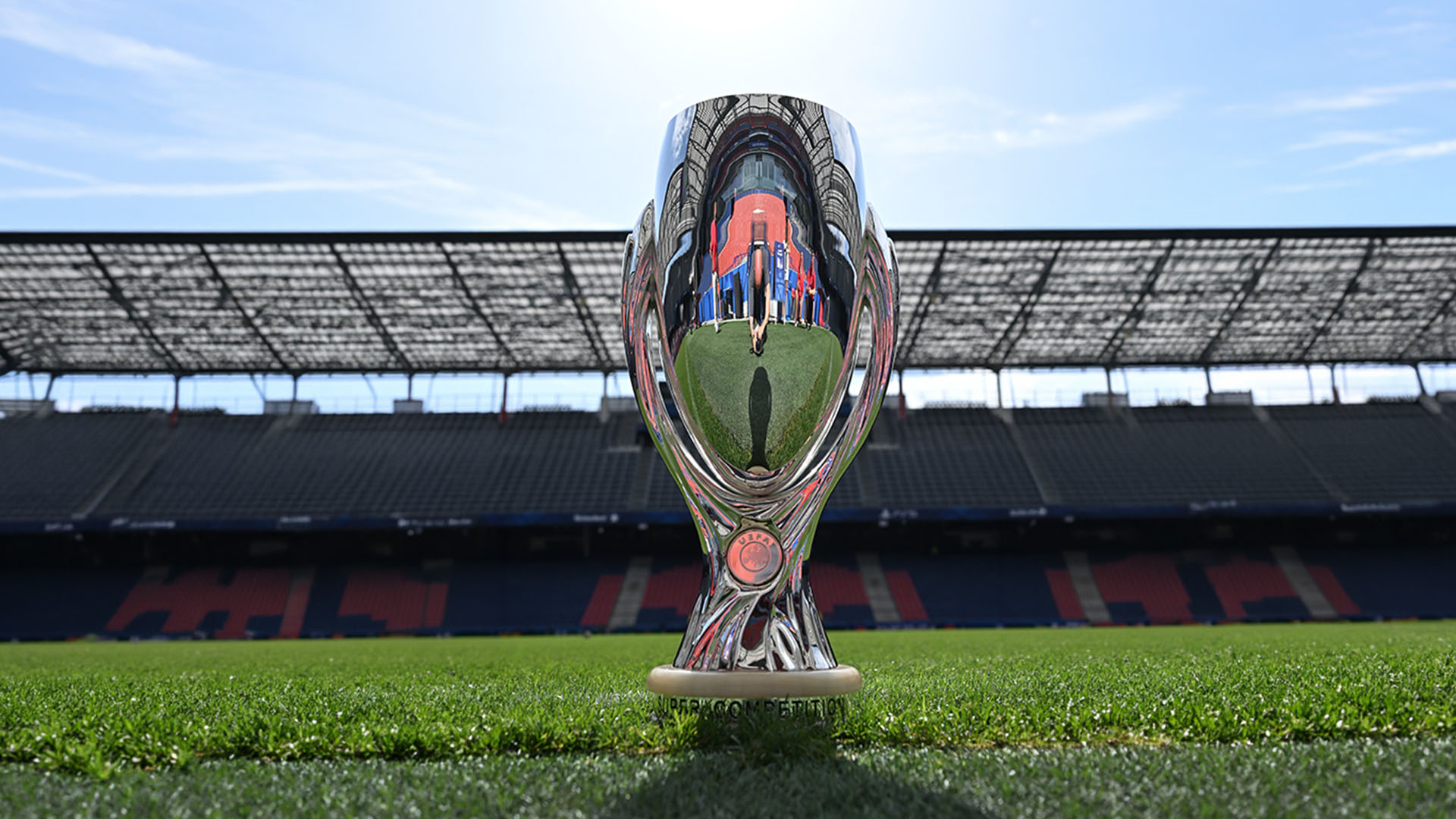 The UEFA Super Cup trophy ahead of PSG vs Aston Villa