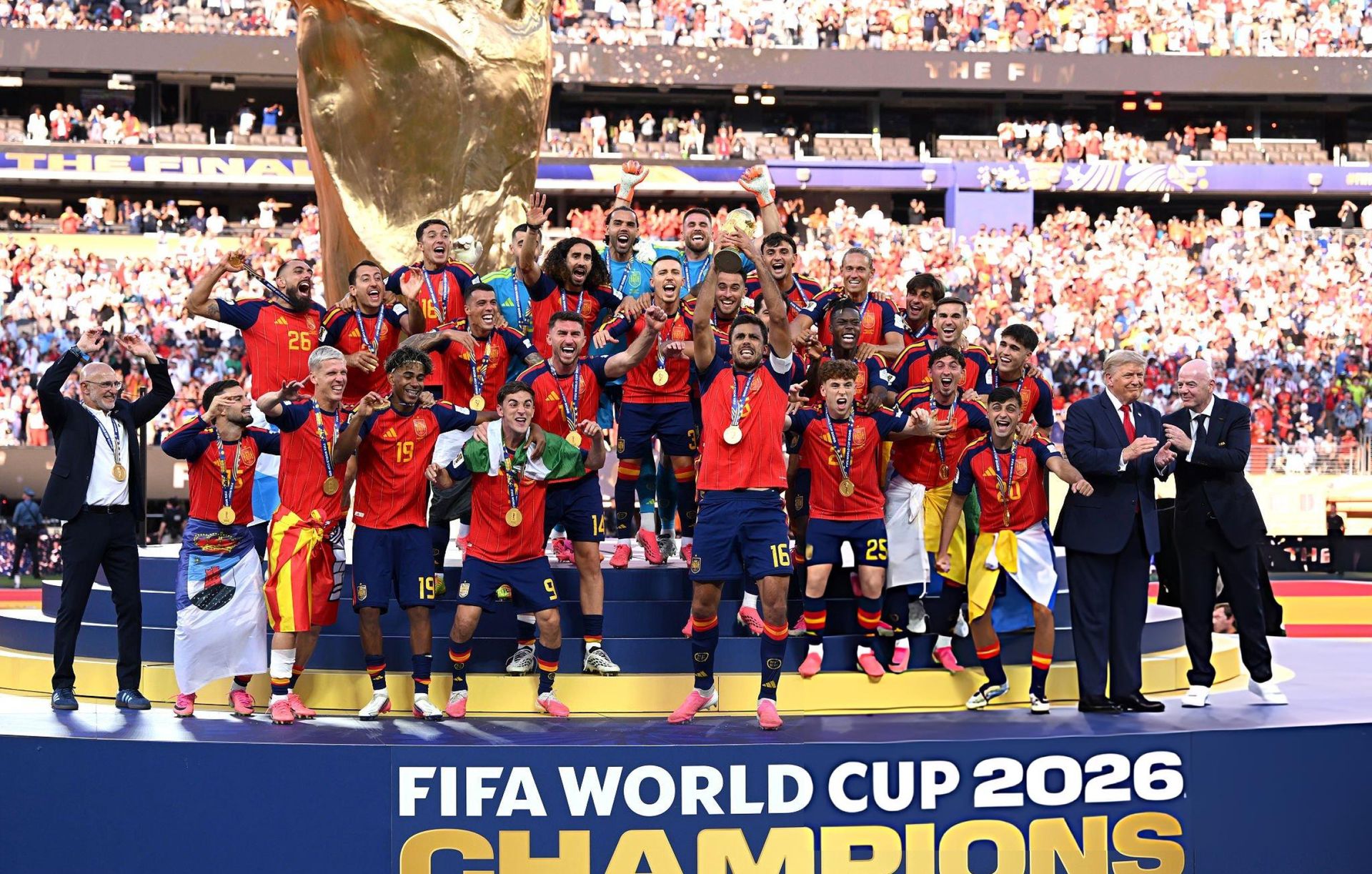 Spain players celebrate winning the FIFA World Cup 2026 final at MetLife Stadium