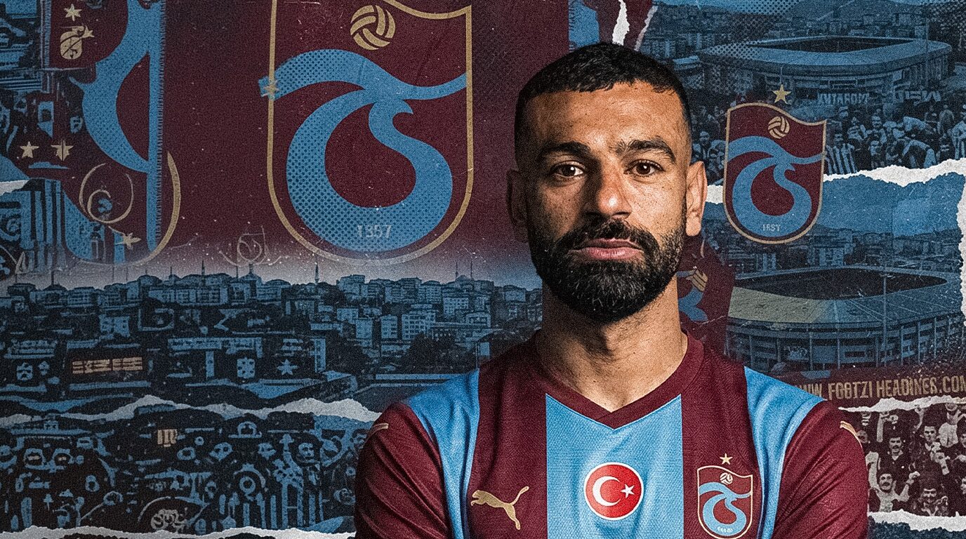 Mohamed Salah pictured in a Trabzonspor kit against a Trabzon city and club-crest backdrop