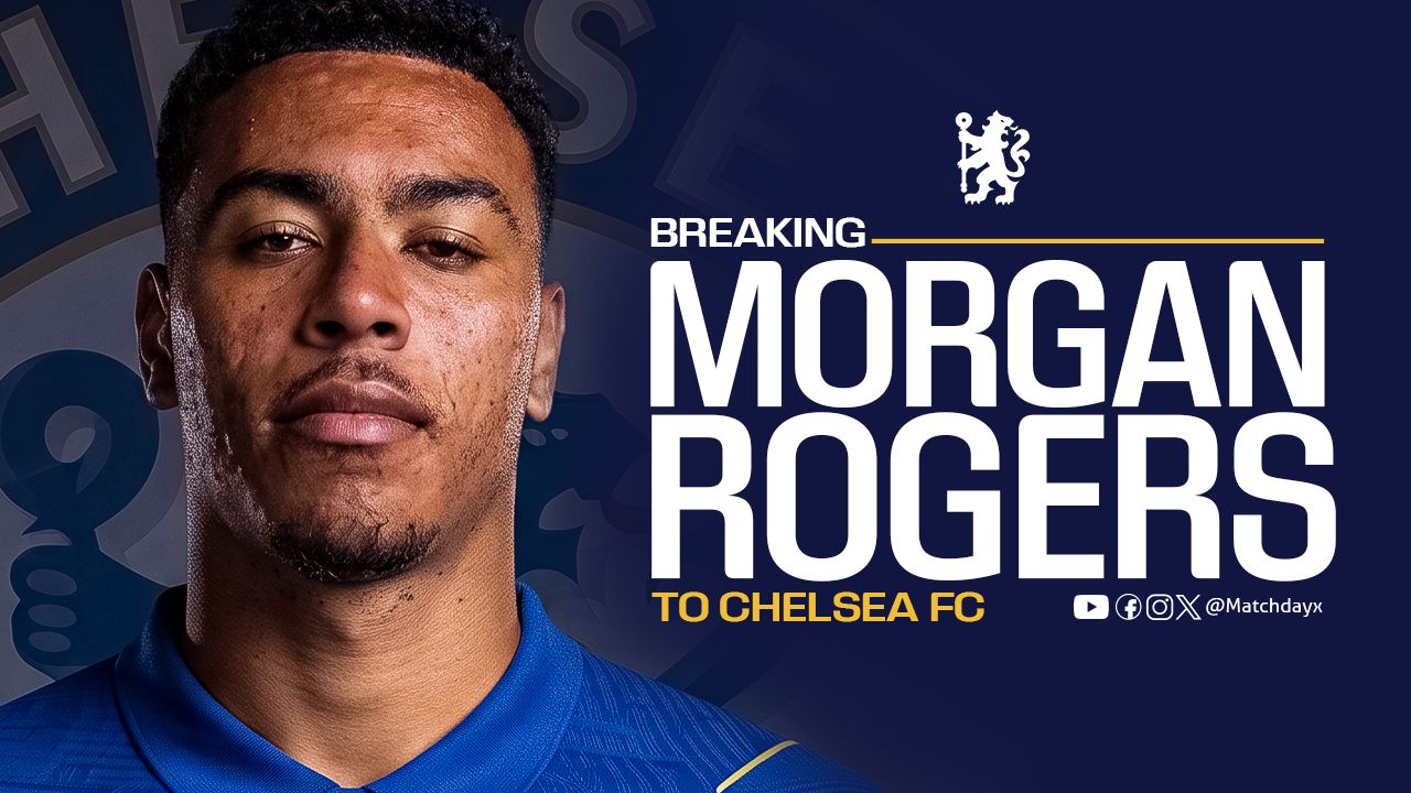 Morgan Rogers unveiled in front of the Chelsea FC crest after his move from Aston Villa
