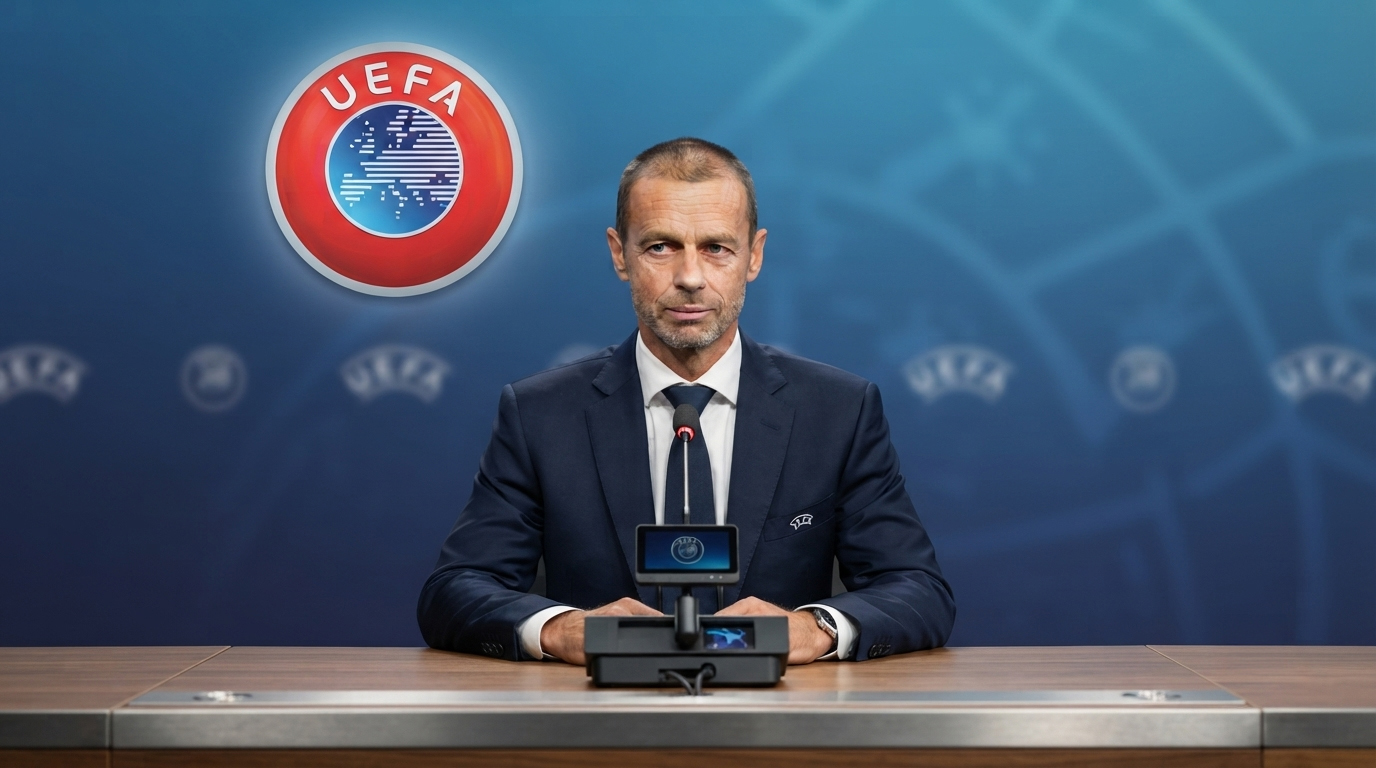 Aleksander Ceferin, UEFA president, delivering a statement at a desk in front of the UEFA logo