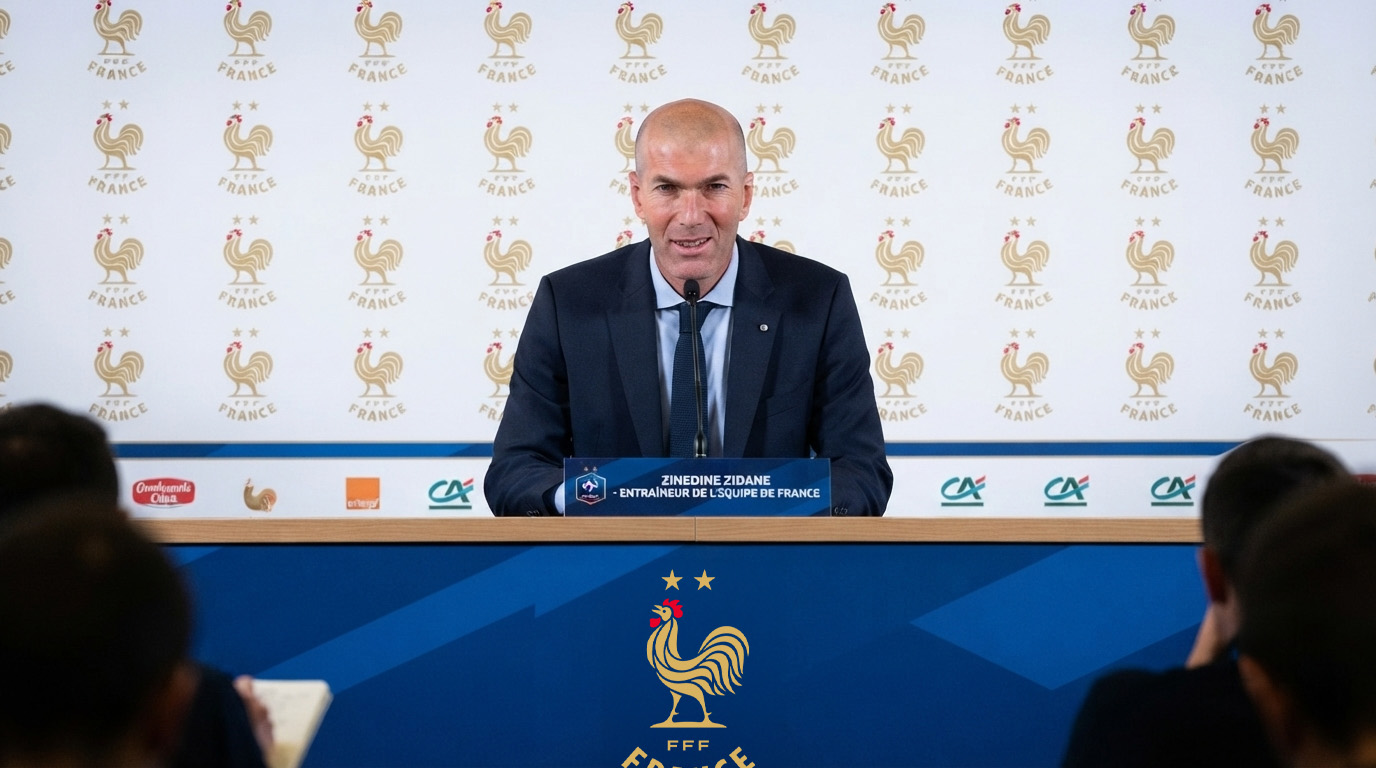 Zinedine Zidane speaks at the podium as he is unveiled as France national team manager, FFF branding behind him